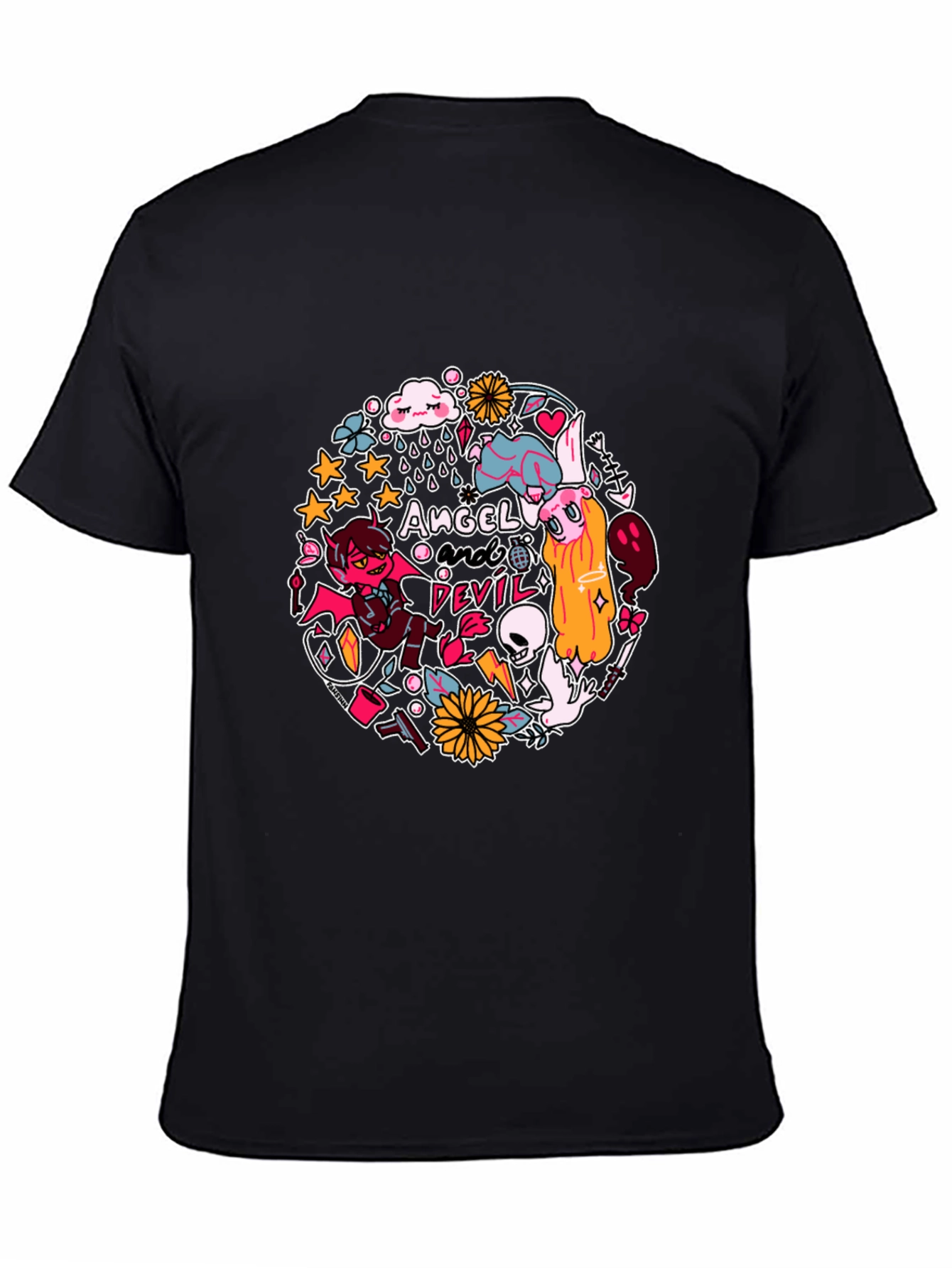 Angel and Devil Graphic Print T-Shirt - Black
