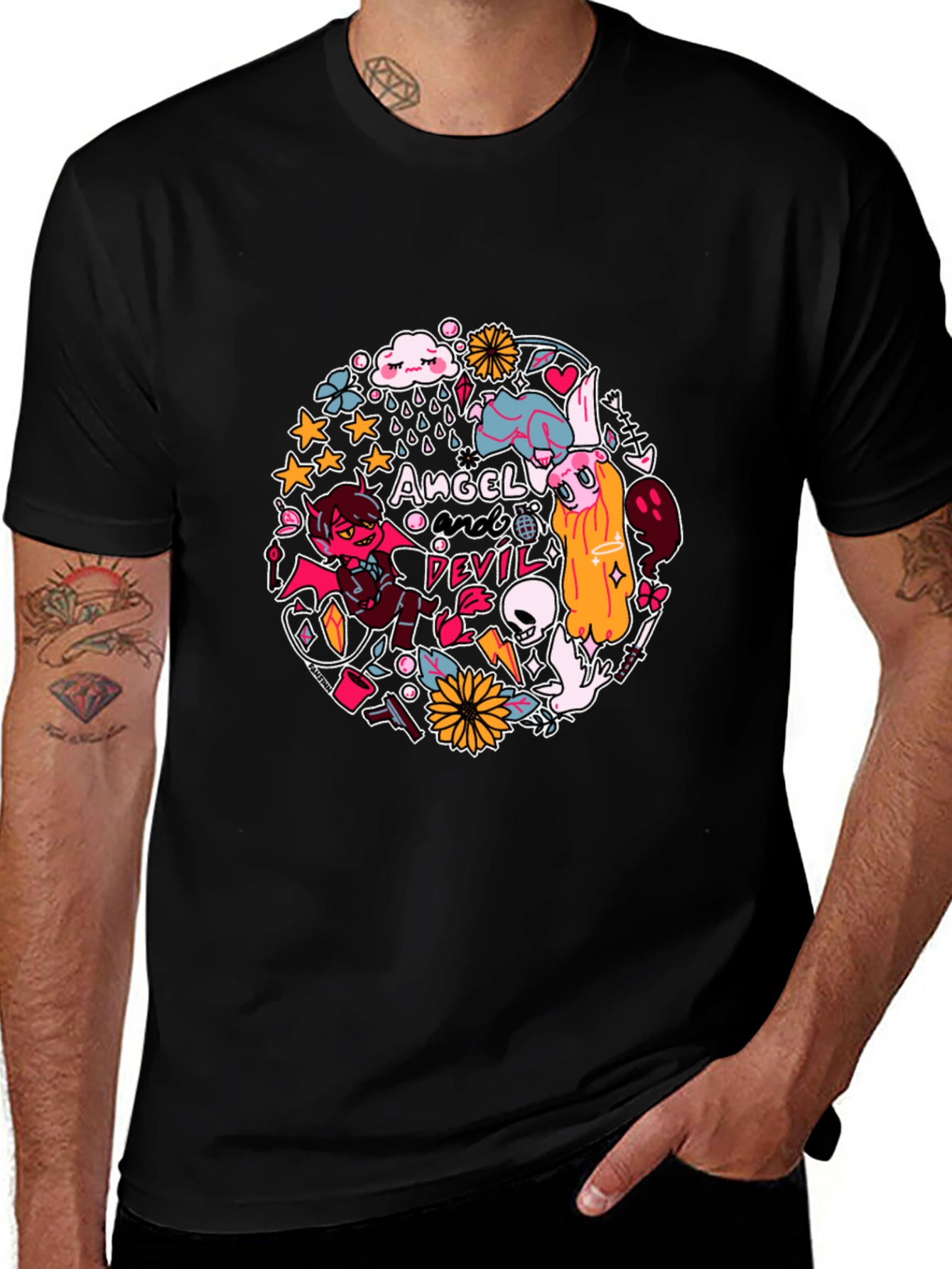 Angel and Devil Graphic Print T-Shirt - Black