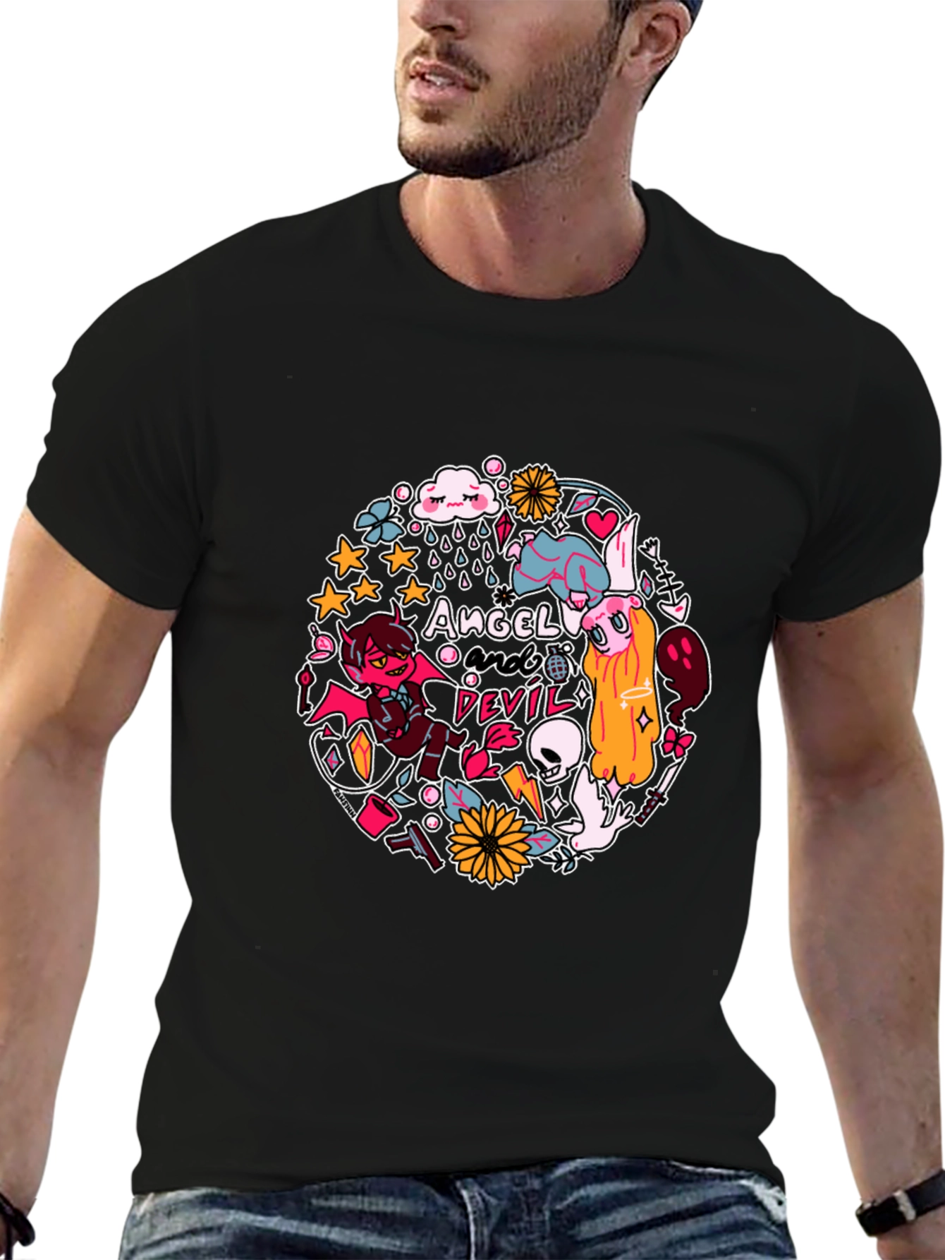 Angel and Devil Graphic Print T-Shirt - Black