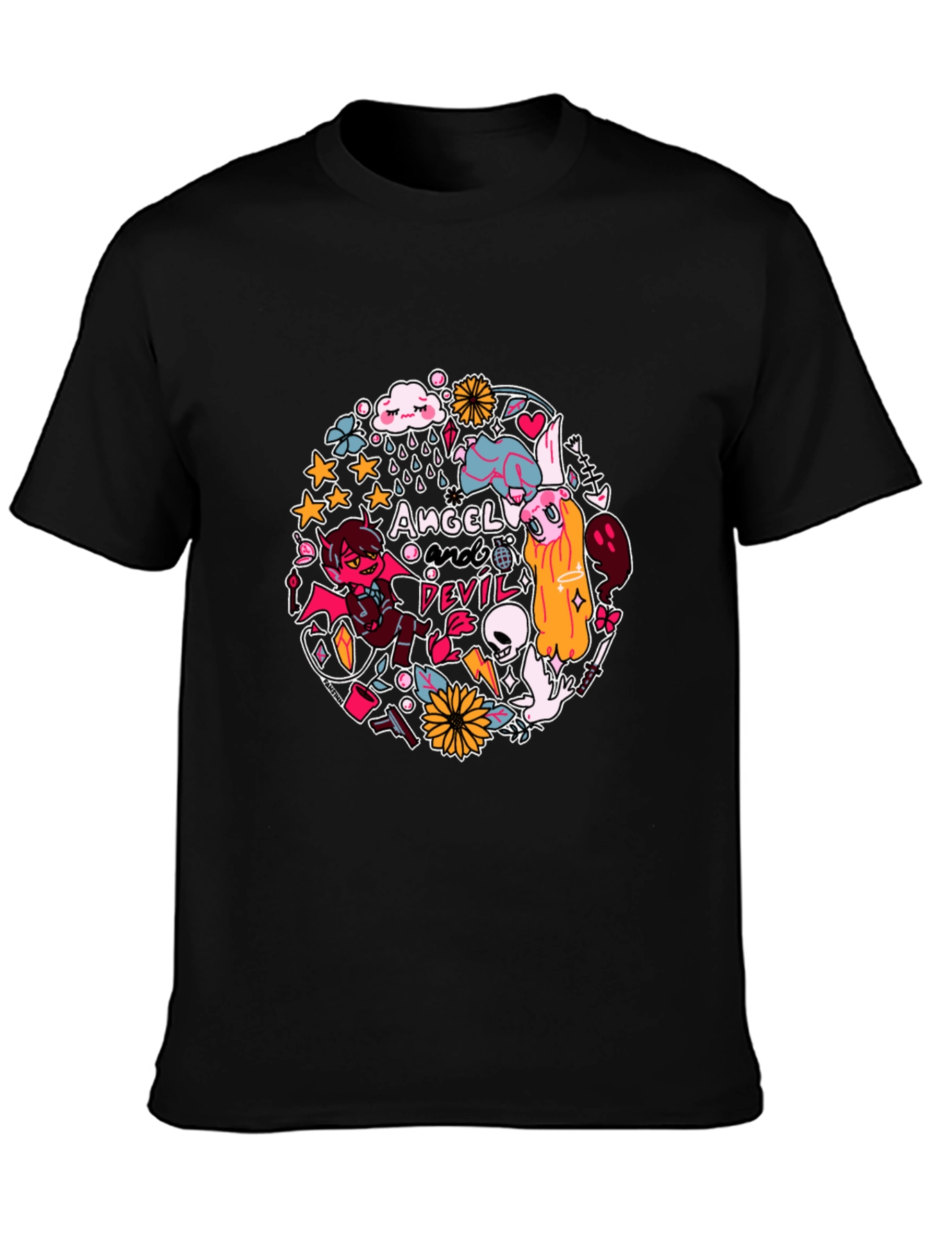 Angel and Devil Graphic Print T-Shirt - Black