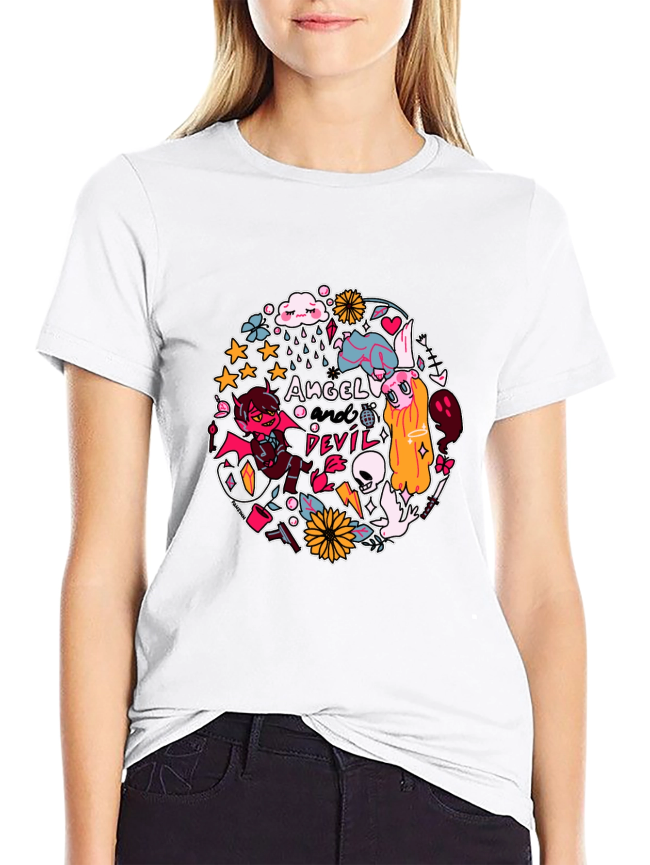 Angel and Devil Graphic Print T-Shirt - Black