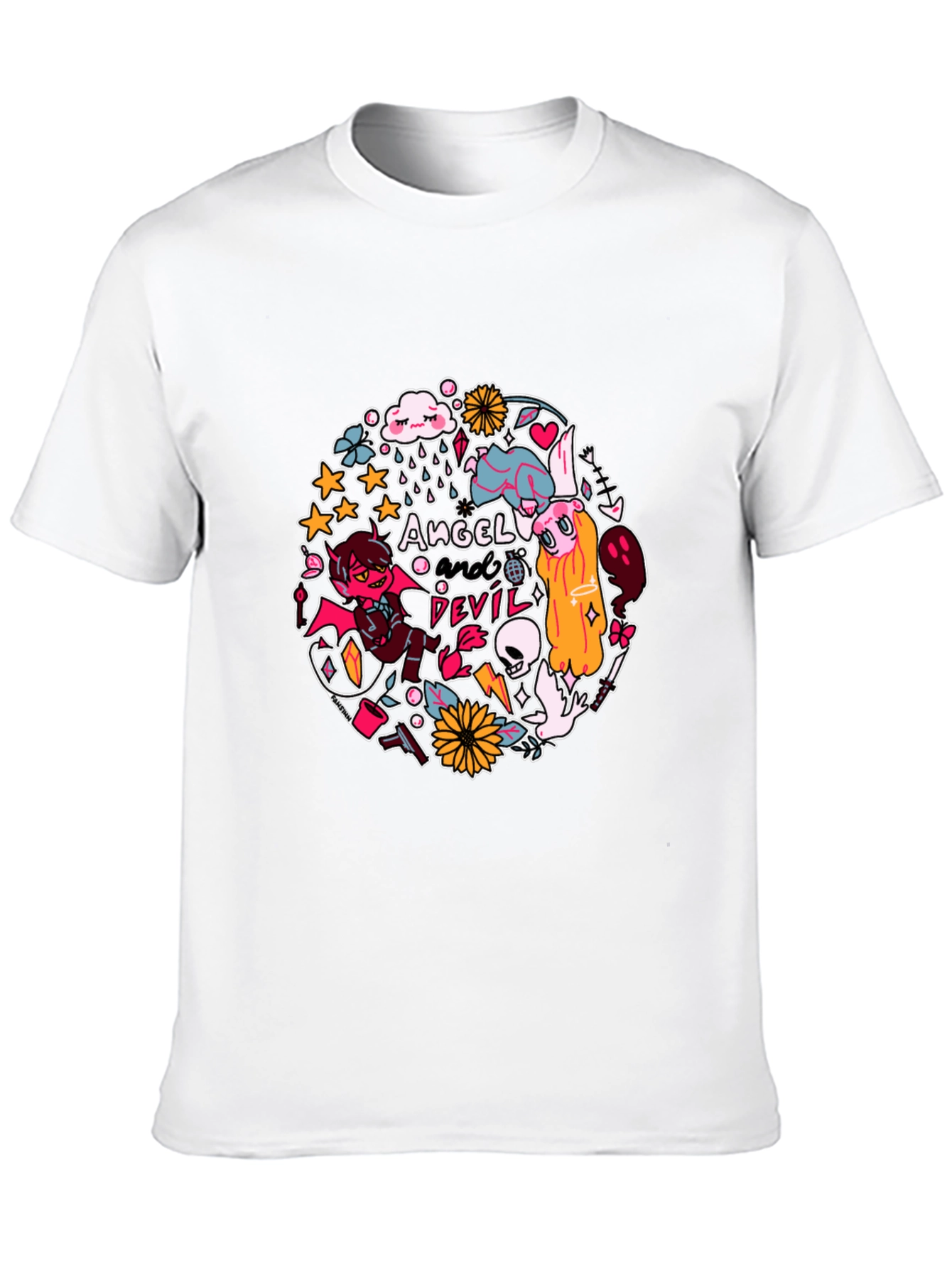 Angel and Devil Graphic Print T-Shirt - Black