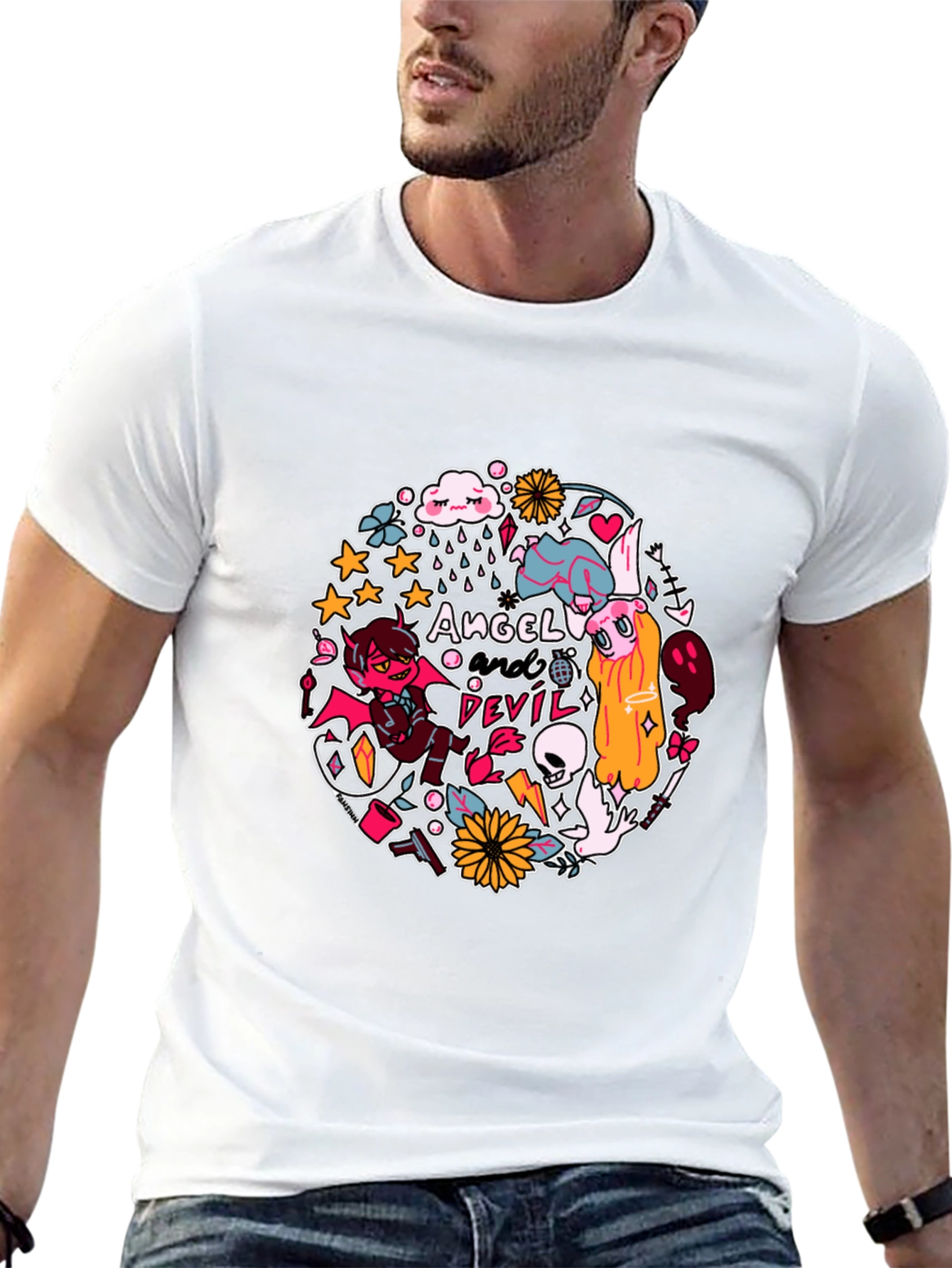 Angel and Devil Graphic Print T-Shirt - Black