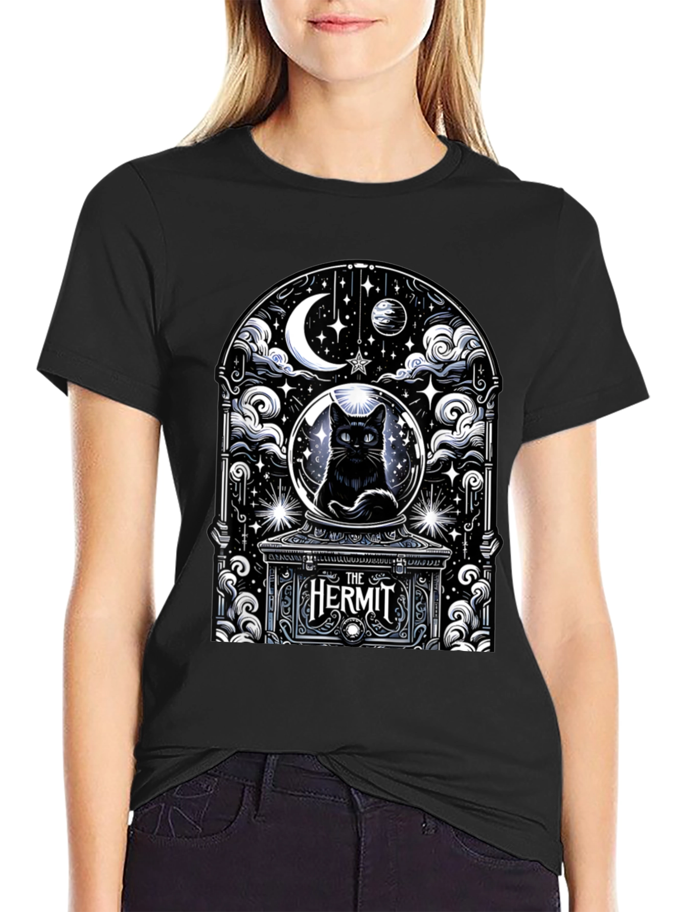 The Hermit Tarot Card Black Cat T-Shirt