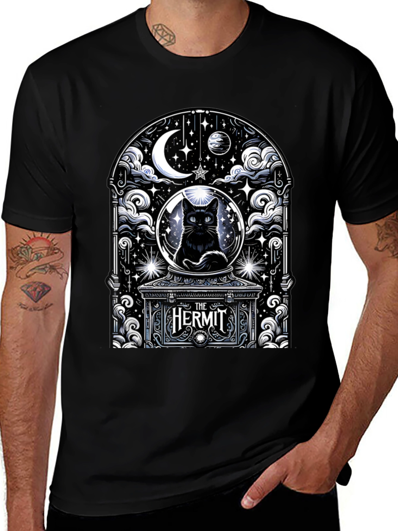 The Hermit Tarot Card Black Cat T-Shirt
