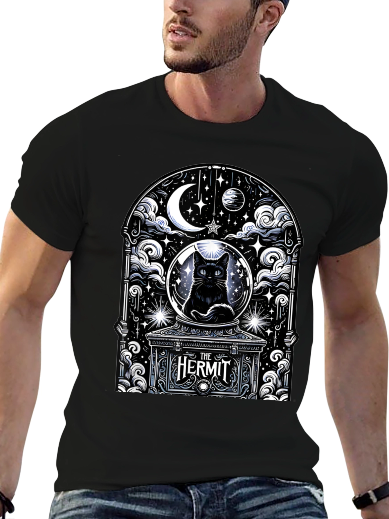 The Hermit Tarot Card Black Cat T-Shirt