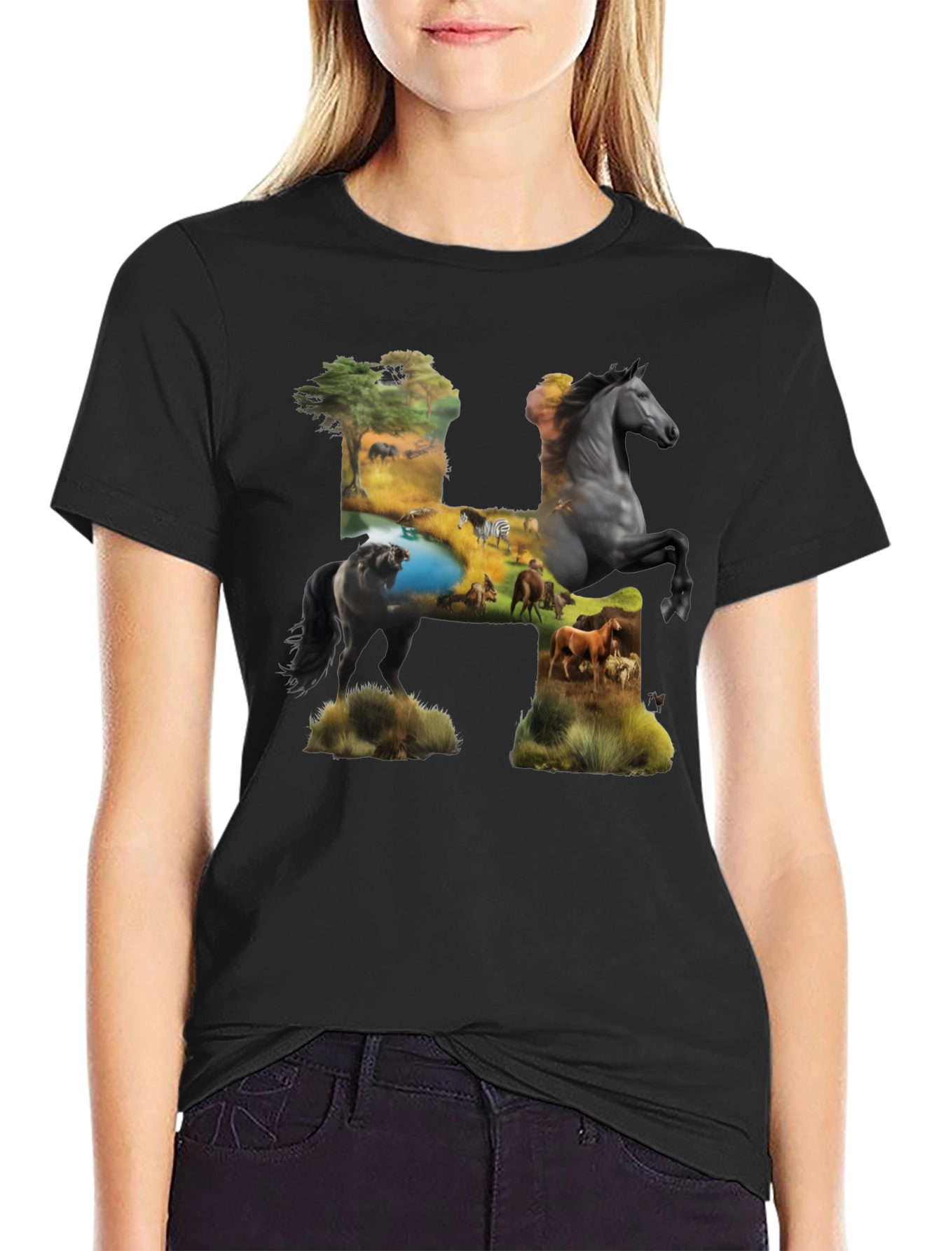 Wild Horse H Graphic Print Black T-Shirt