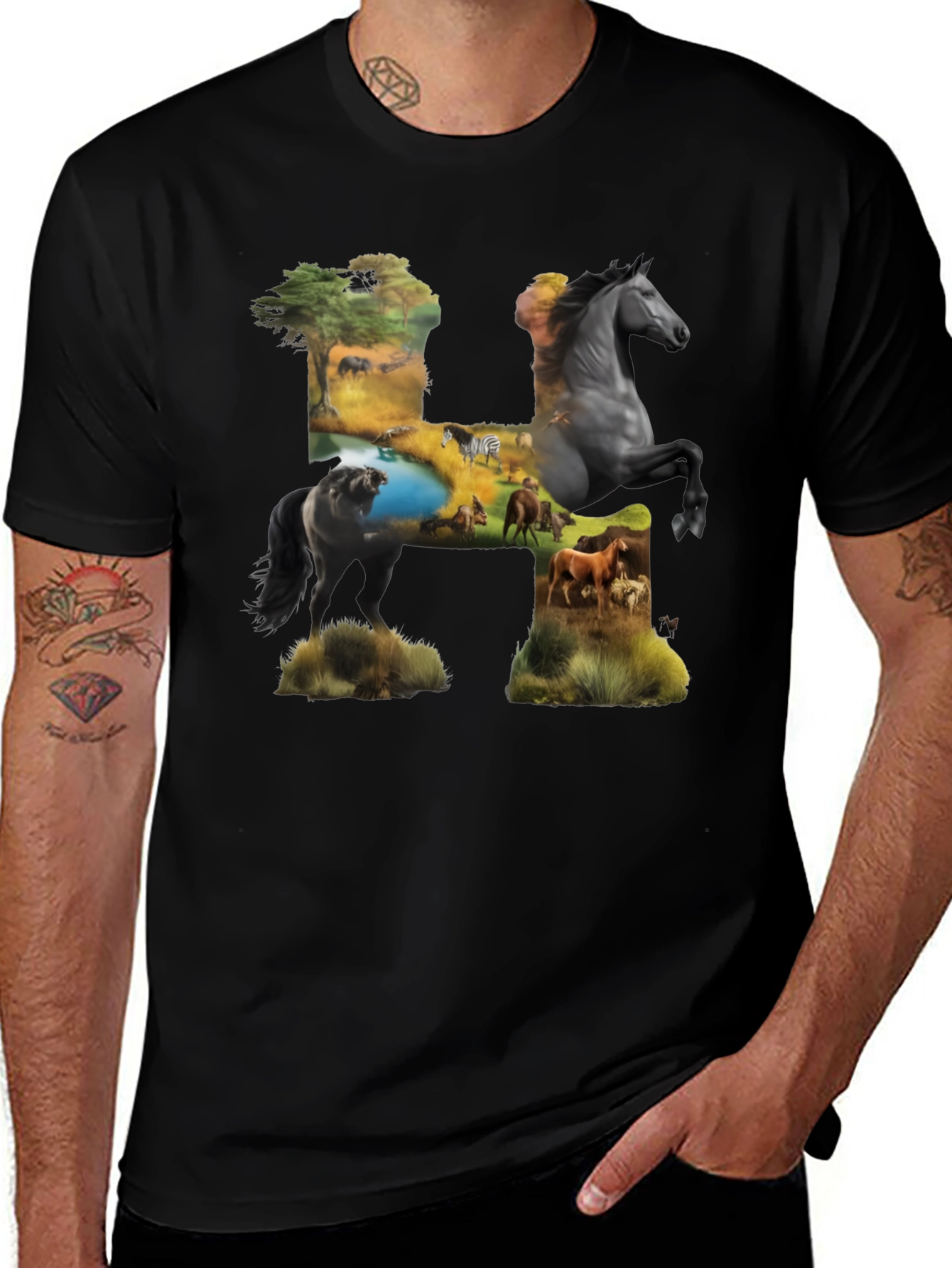 Wild Horse H Graphic Print Black T-Shirt
