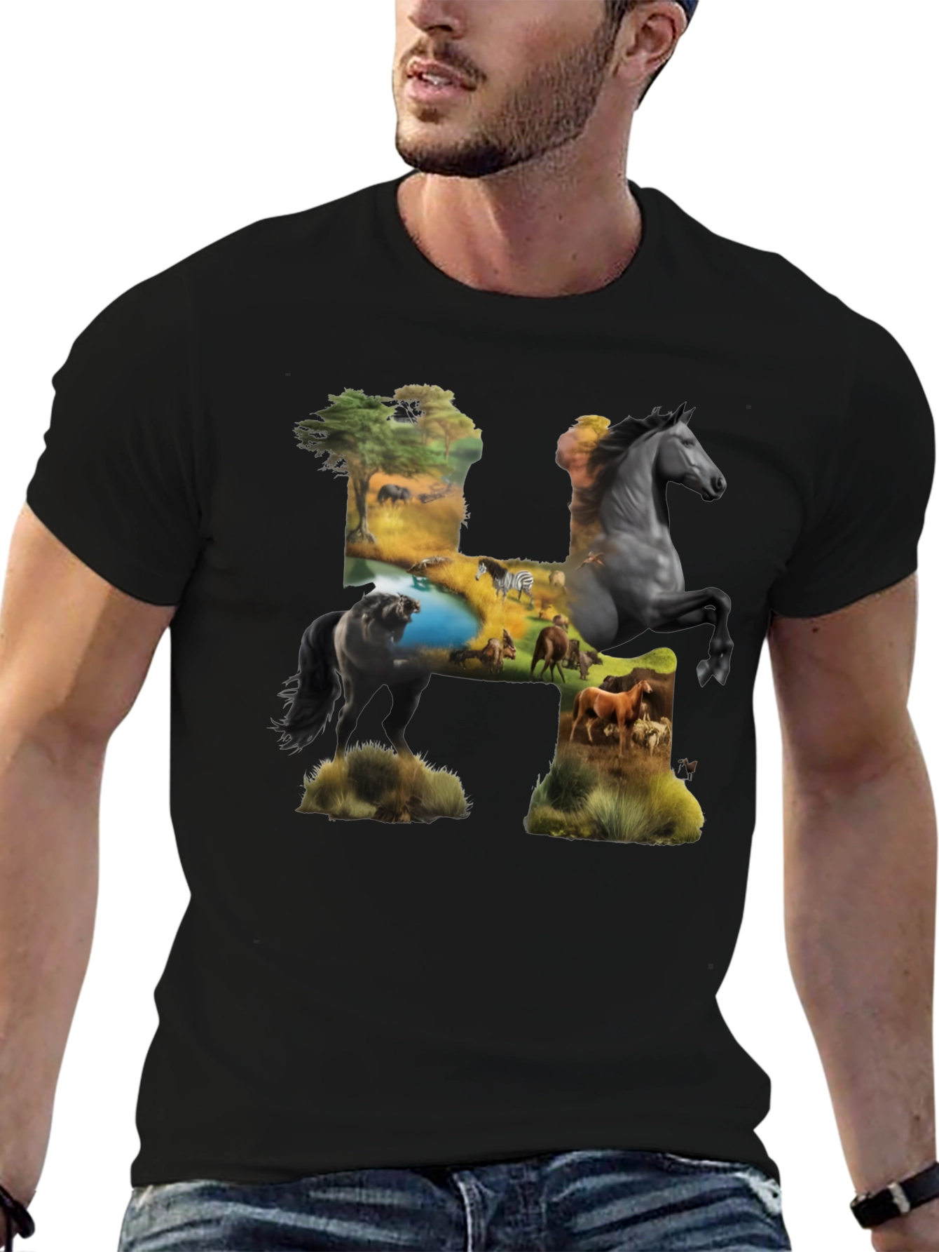 Wild Horse H Graphic Print Black T-Shirt