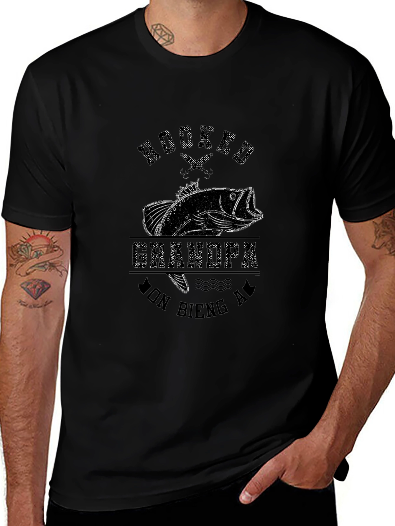 Hooked Grandpa Fishing T-Shirt - Mens Black