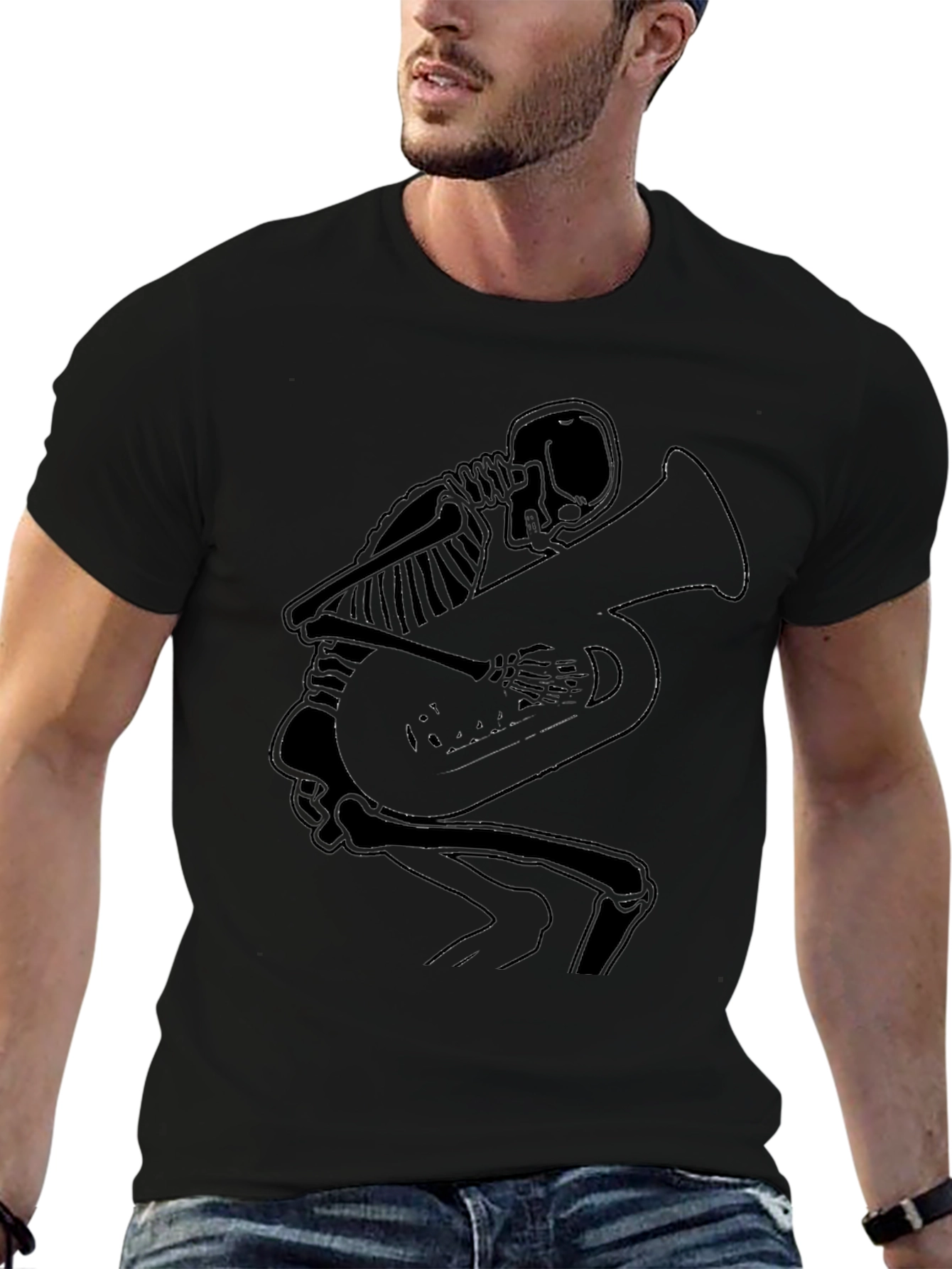 Skeleton Tuba Player Graphic Tee - Black