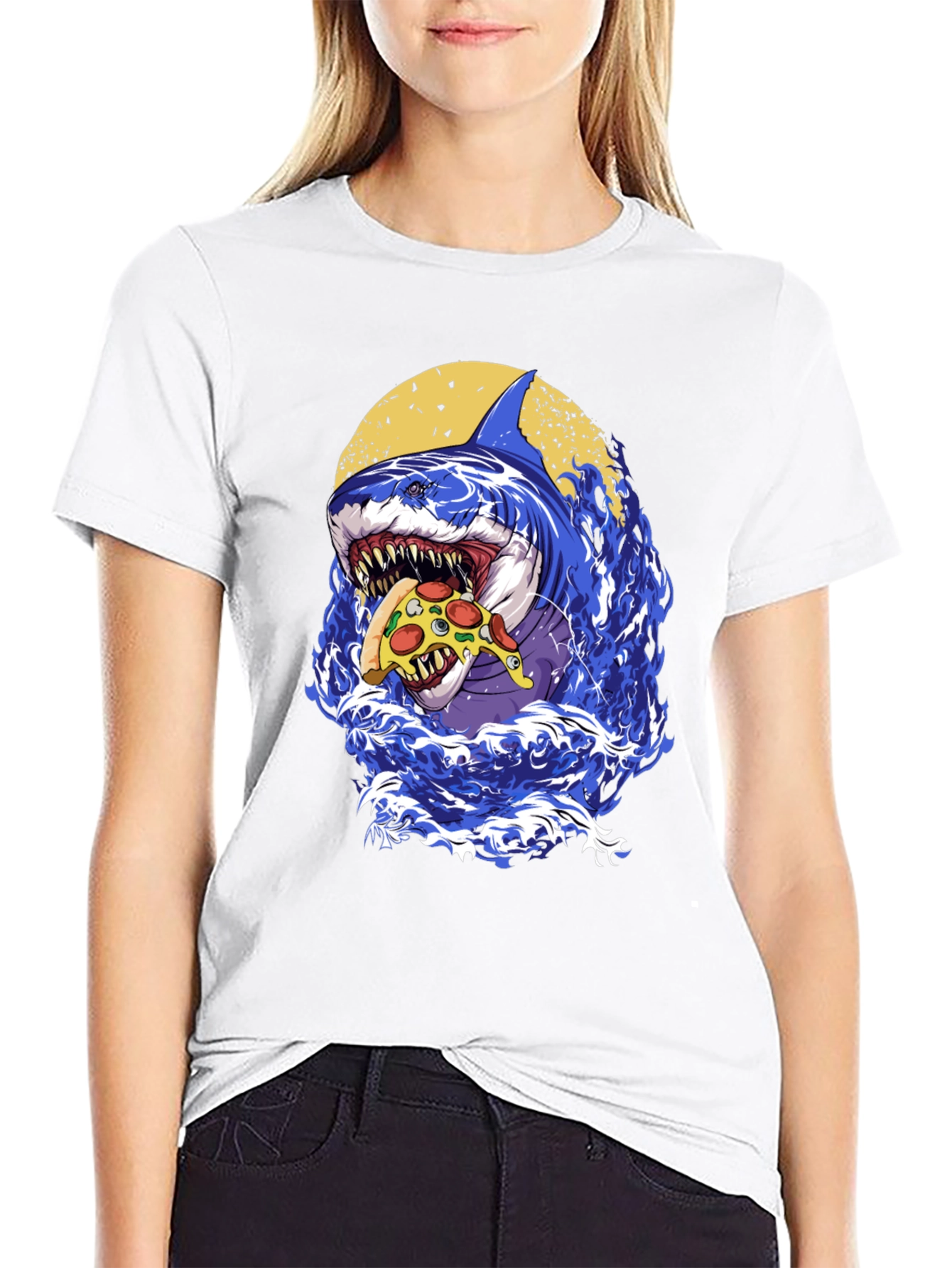 Shark Pizza T-Shirt - Graphic Print Tee