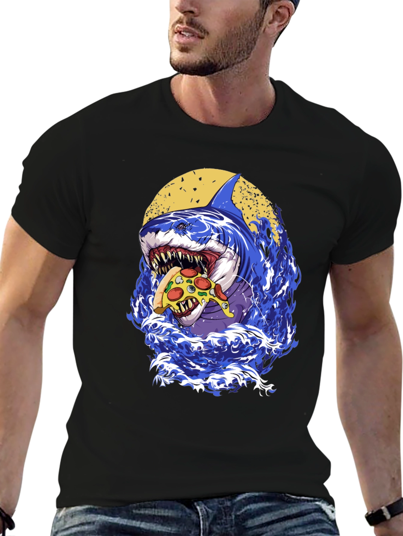 Shark Pizza T-Shirt - Graphic Print Tee