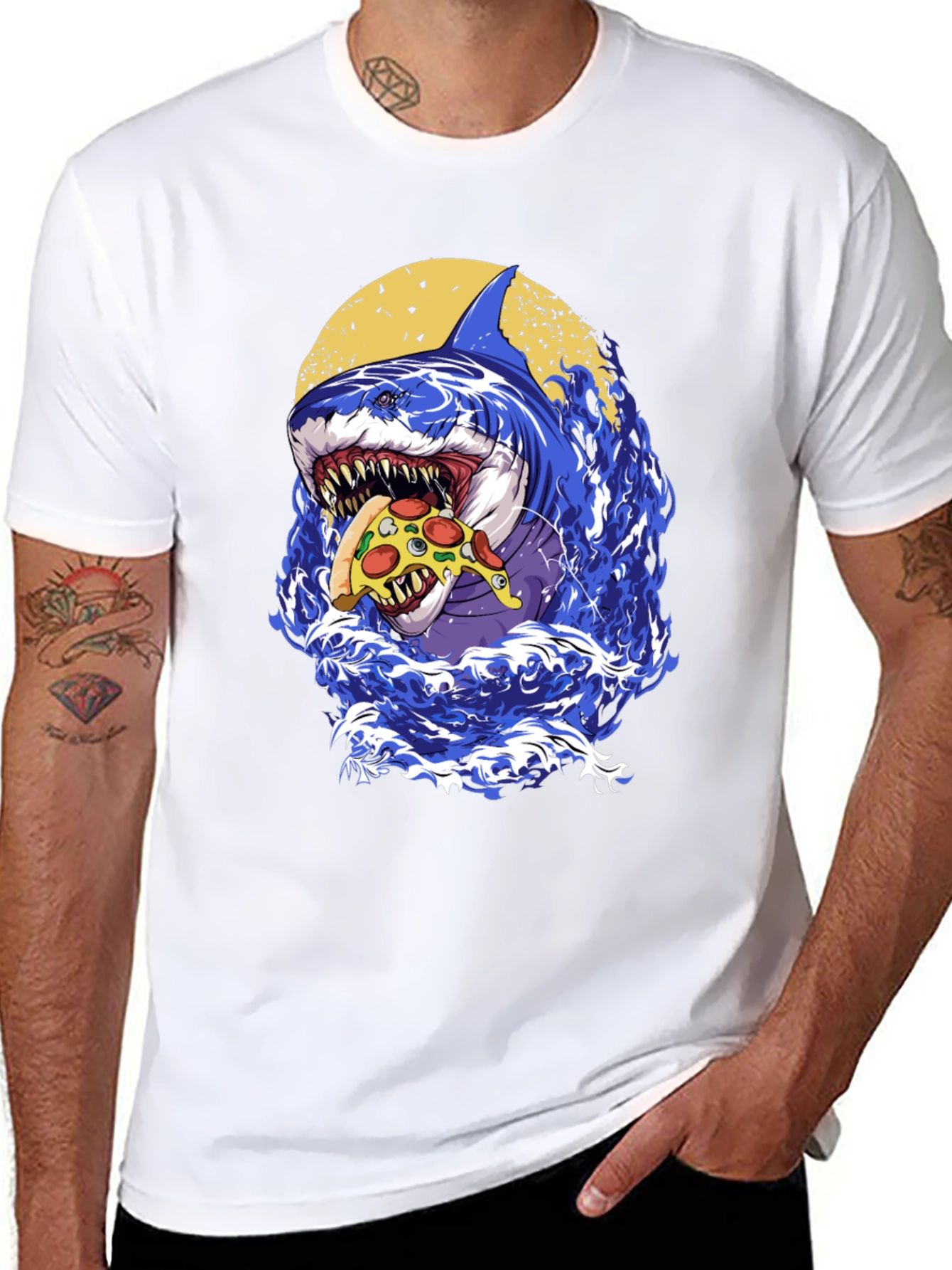 Shark Pizza T-Shirt - Graphic Print Tee