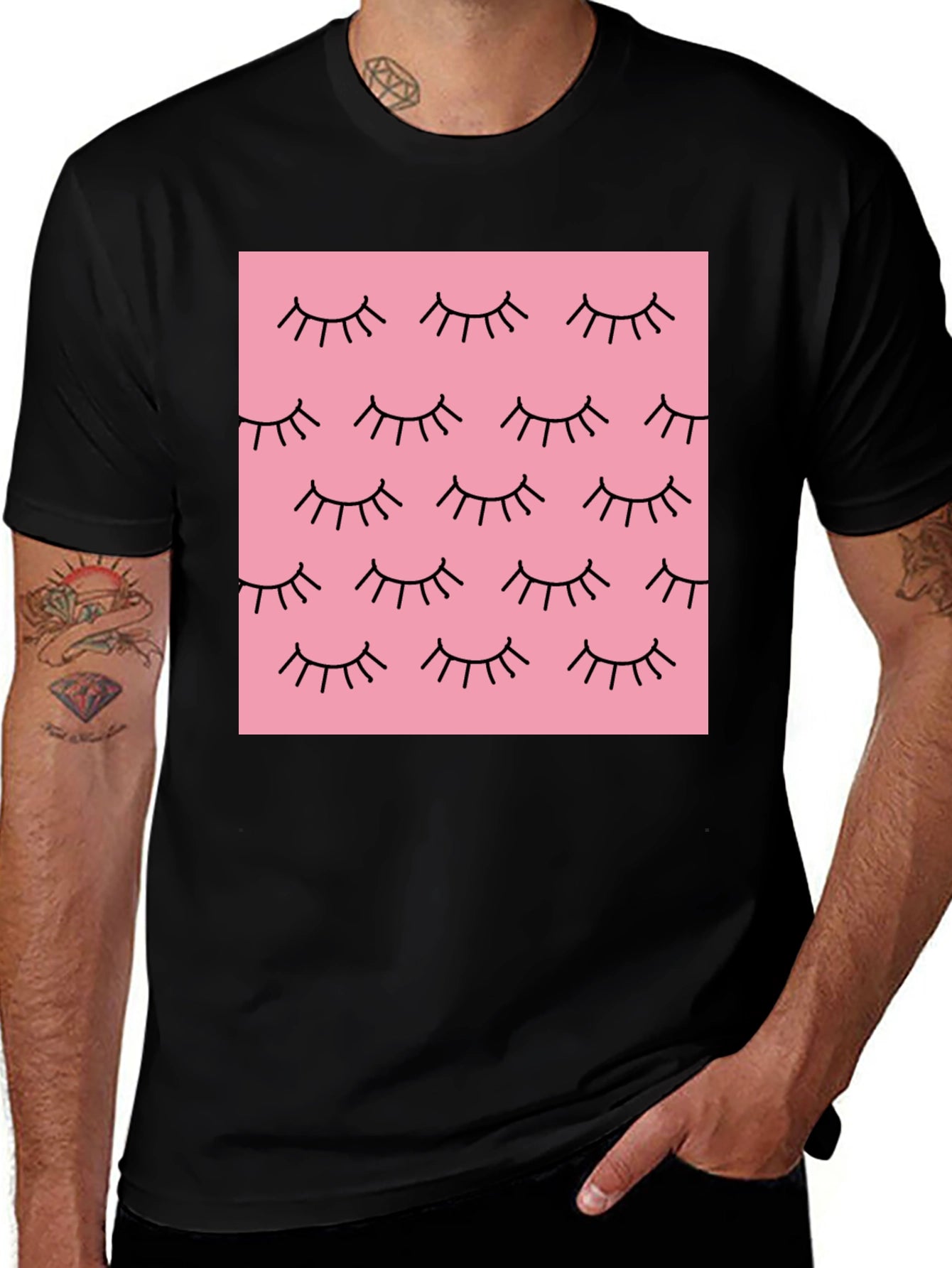 Pink Eyelash Pattern Black T-Shirt