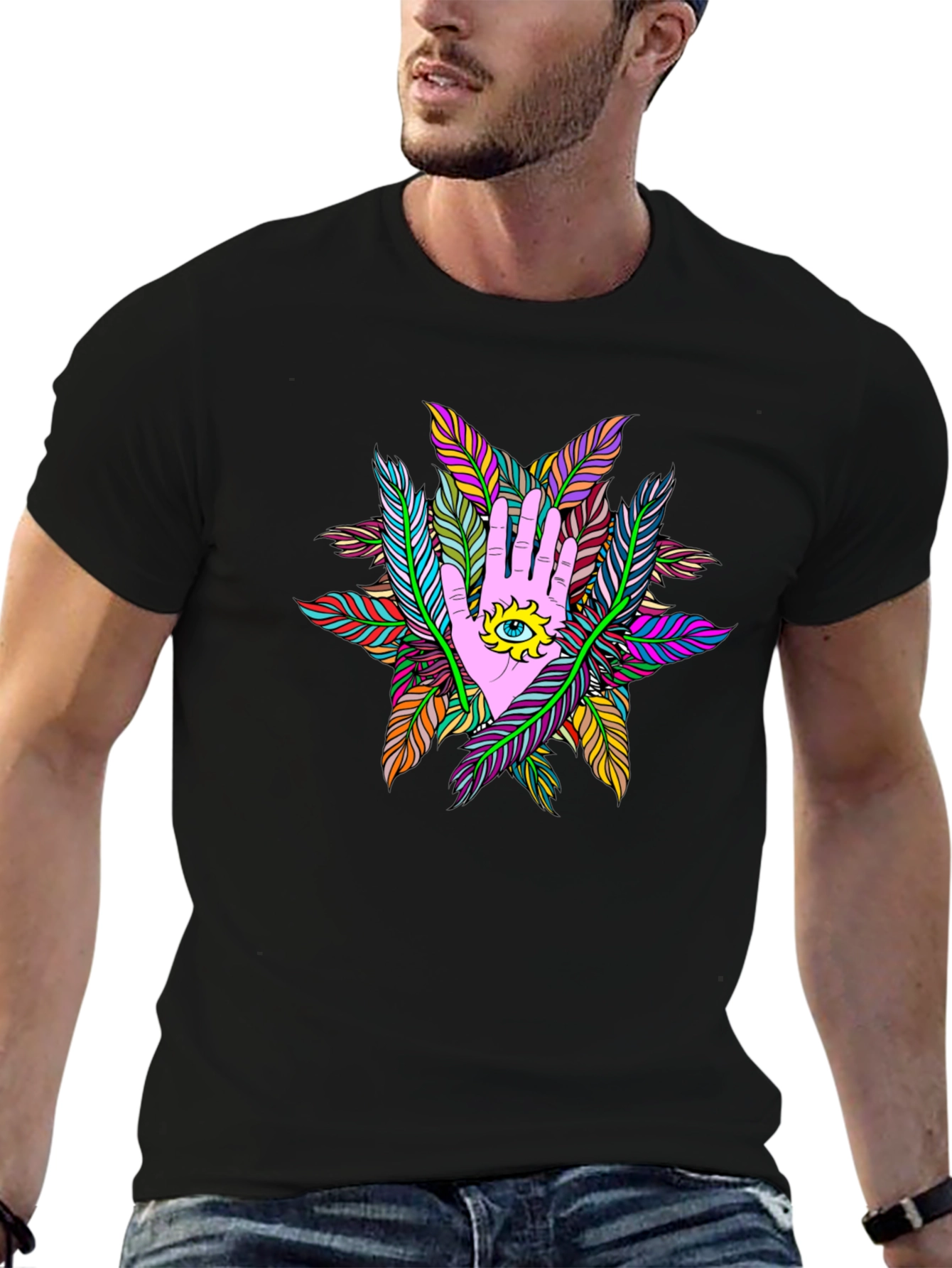 Mystic Hand Eye Feather T-Shirt - Black