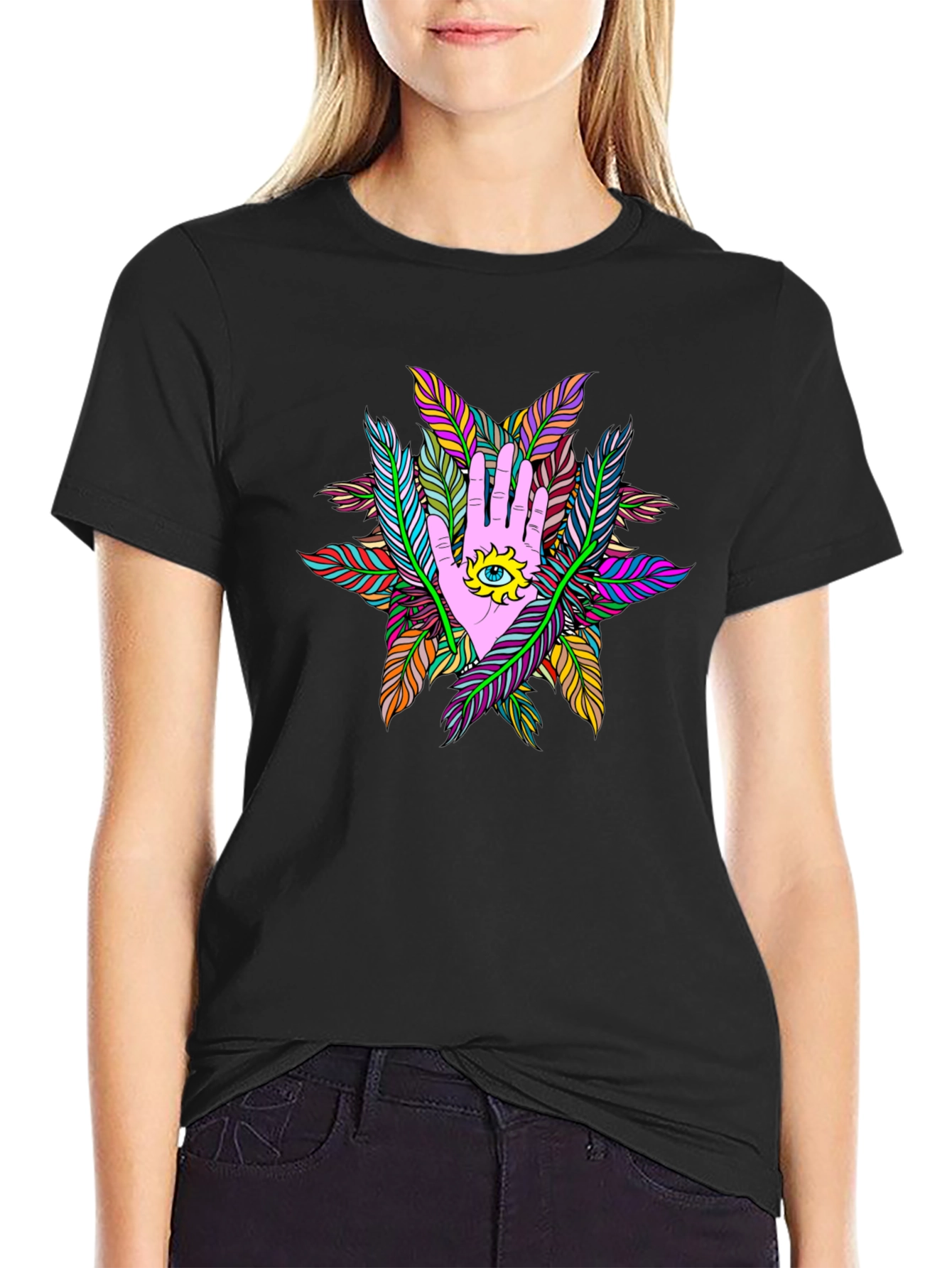 Mystic Hand Eye Feather T-Shirt - Black