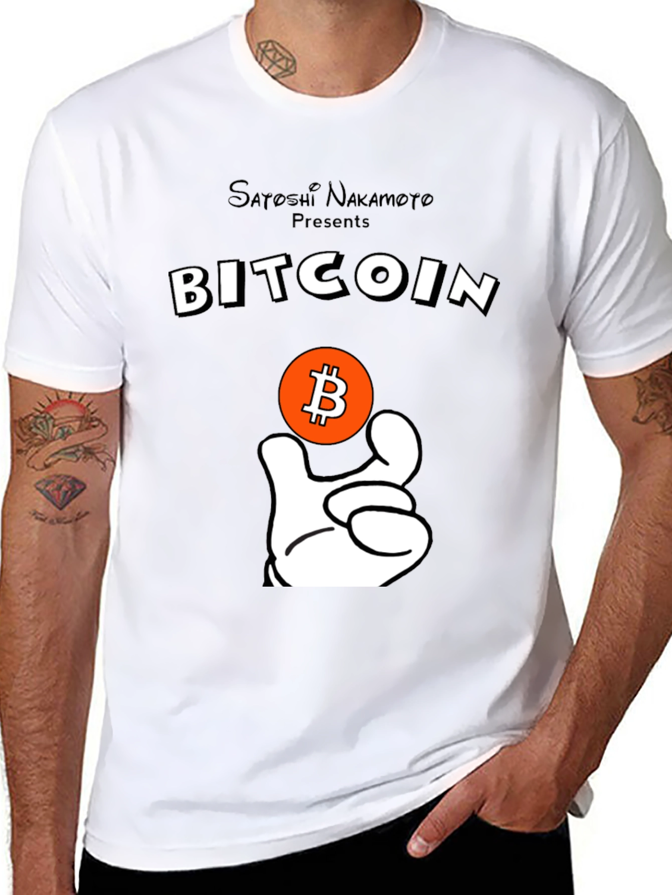 Bitcoin Satoshi T-Shirt Crypto Currency Cartoon Hand