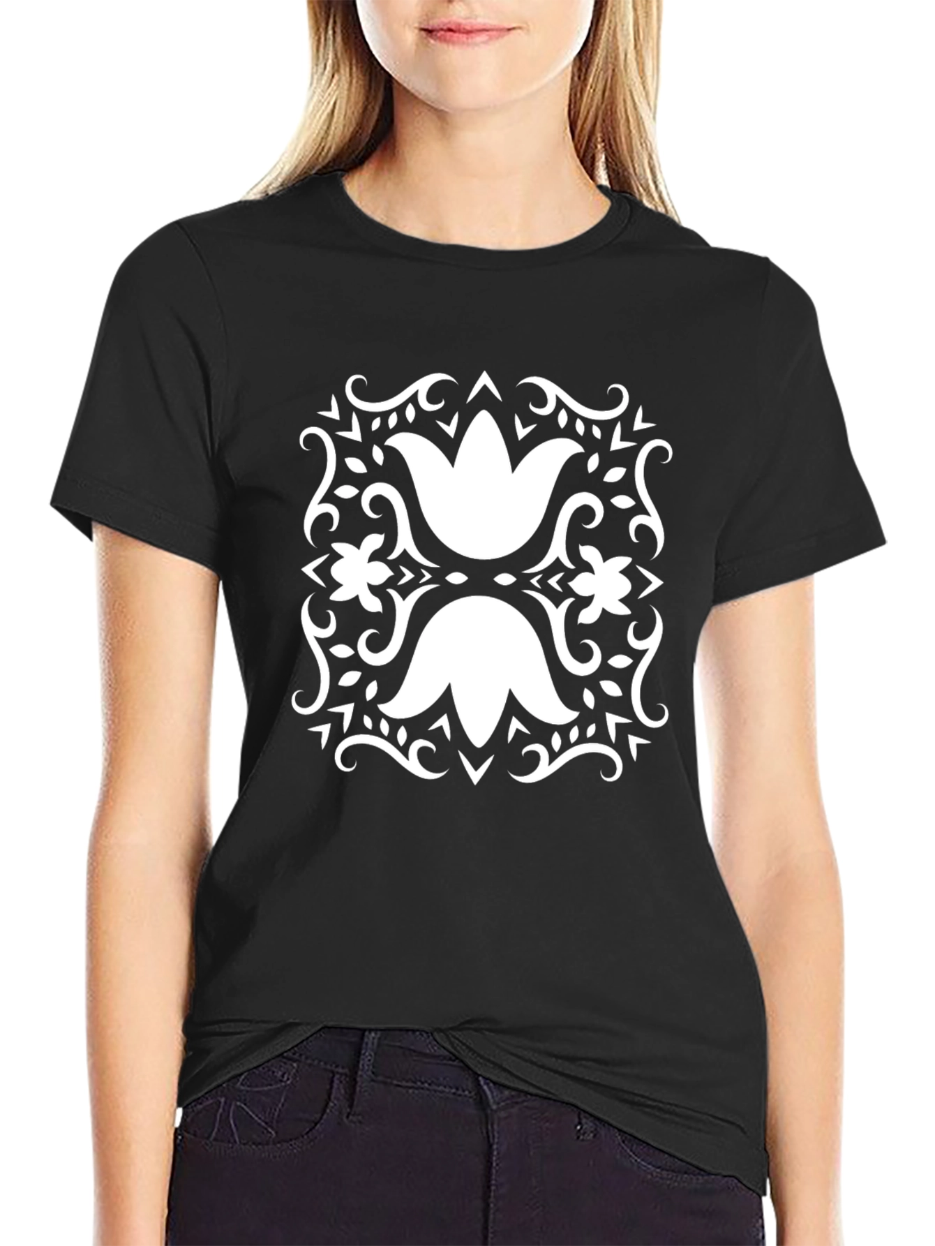 Elegant Floral Black T-Shirt
