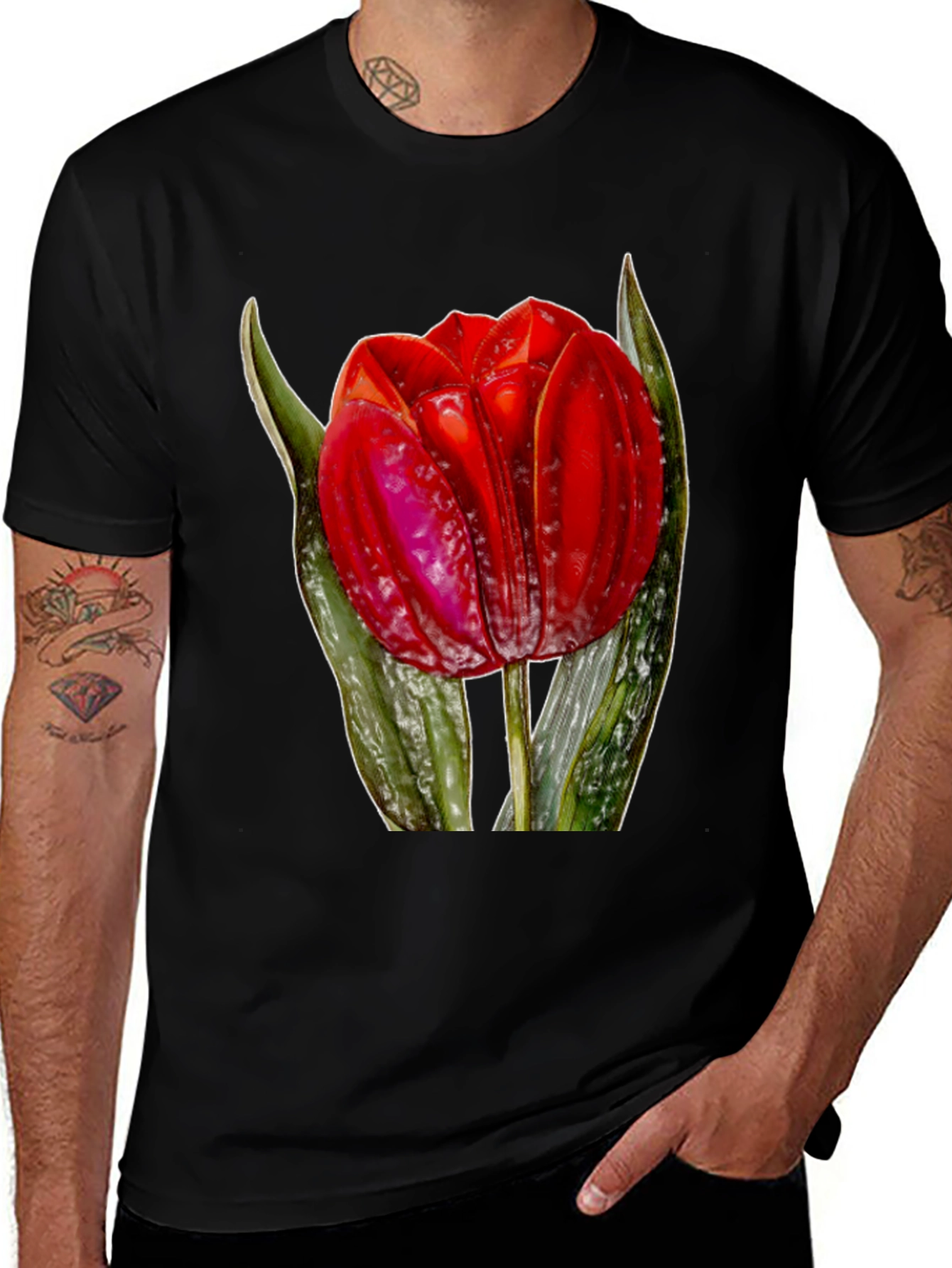 Red Tulip Flower Graphic Print Black T-Shirt