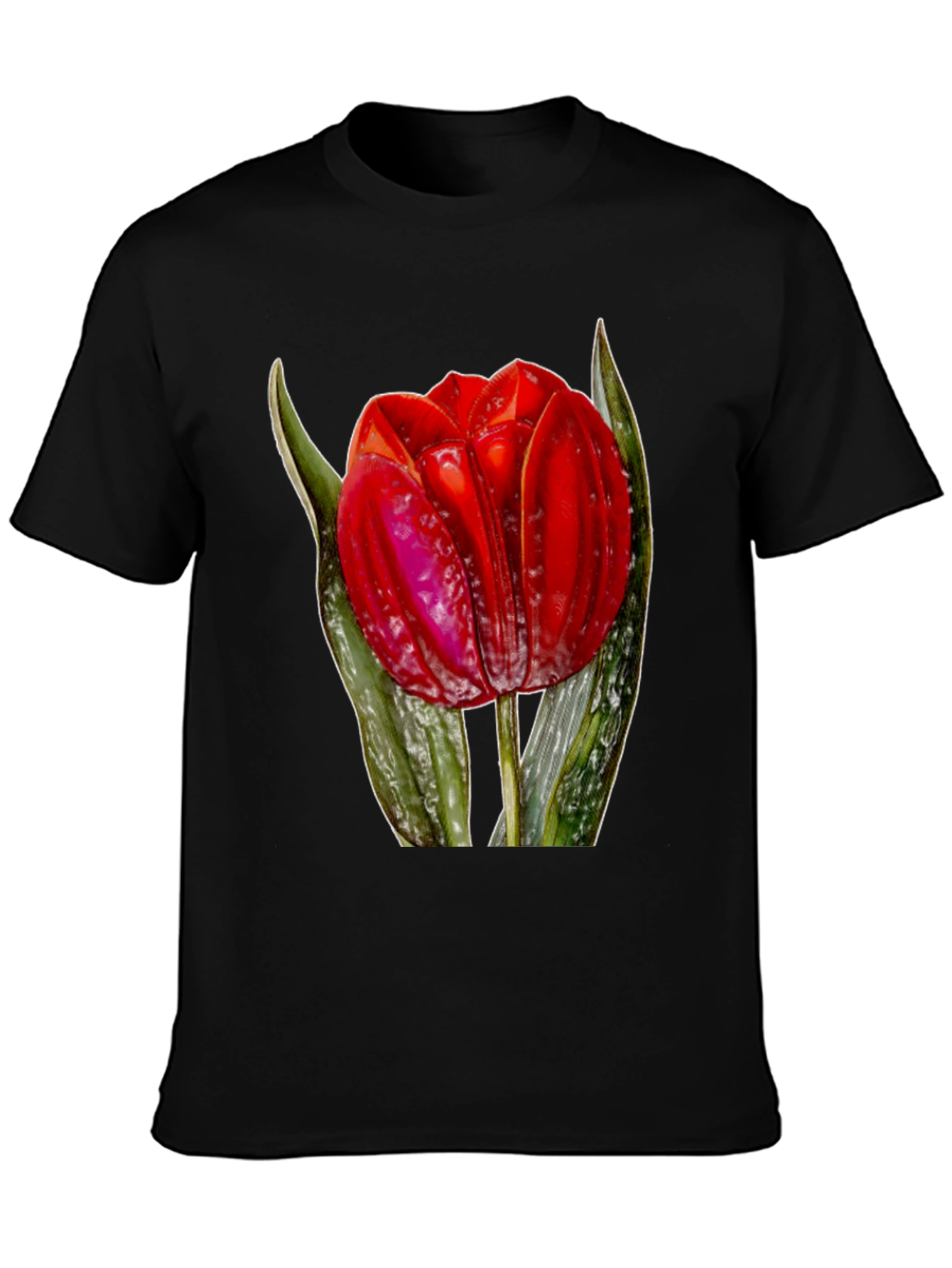 Red Tulip Flower Graphic Print Black T-Shirt
