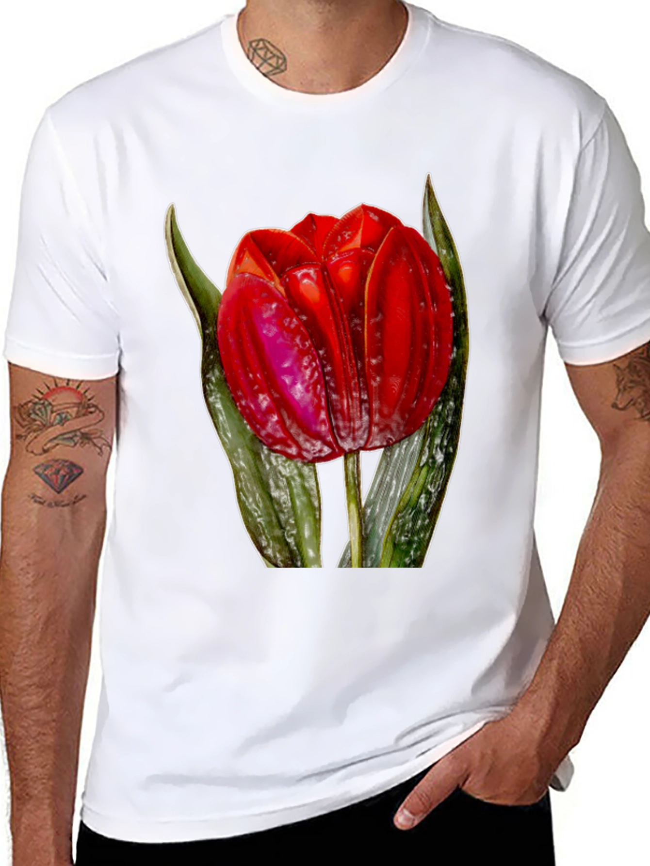 Red Tulip Flower Graphic Print Black T-Shirt