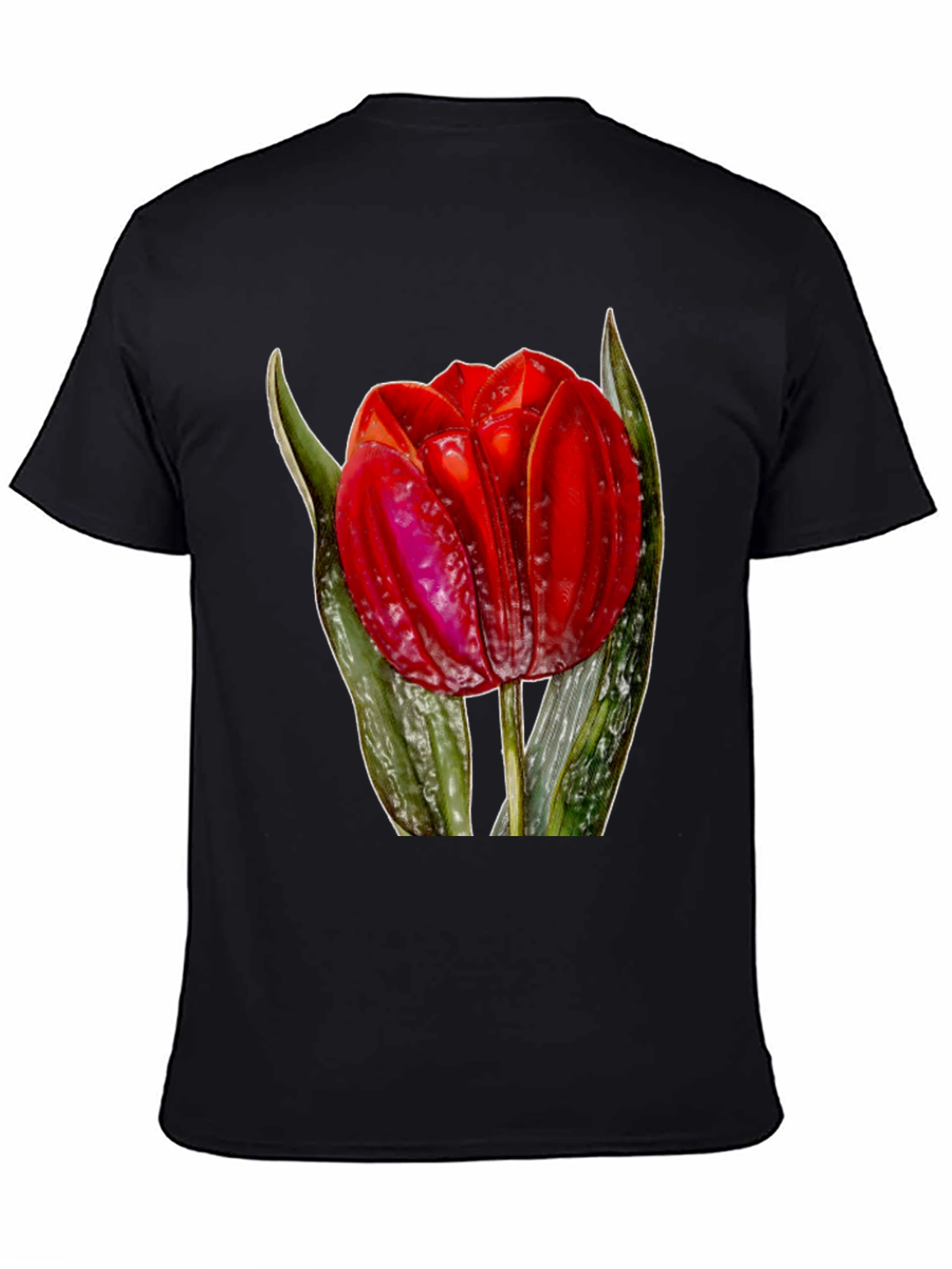 Red Tulip Flower Graphic Print Black T-Shirt