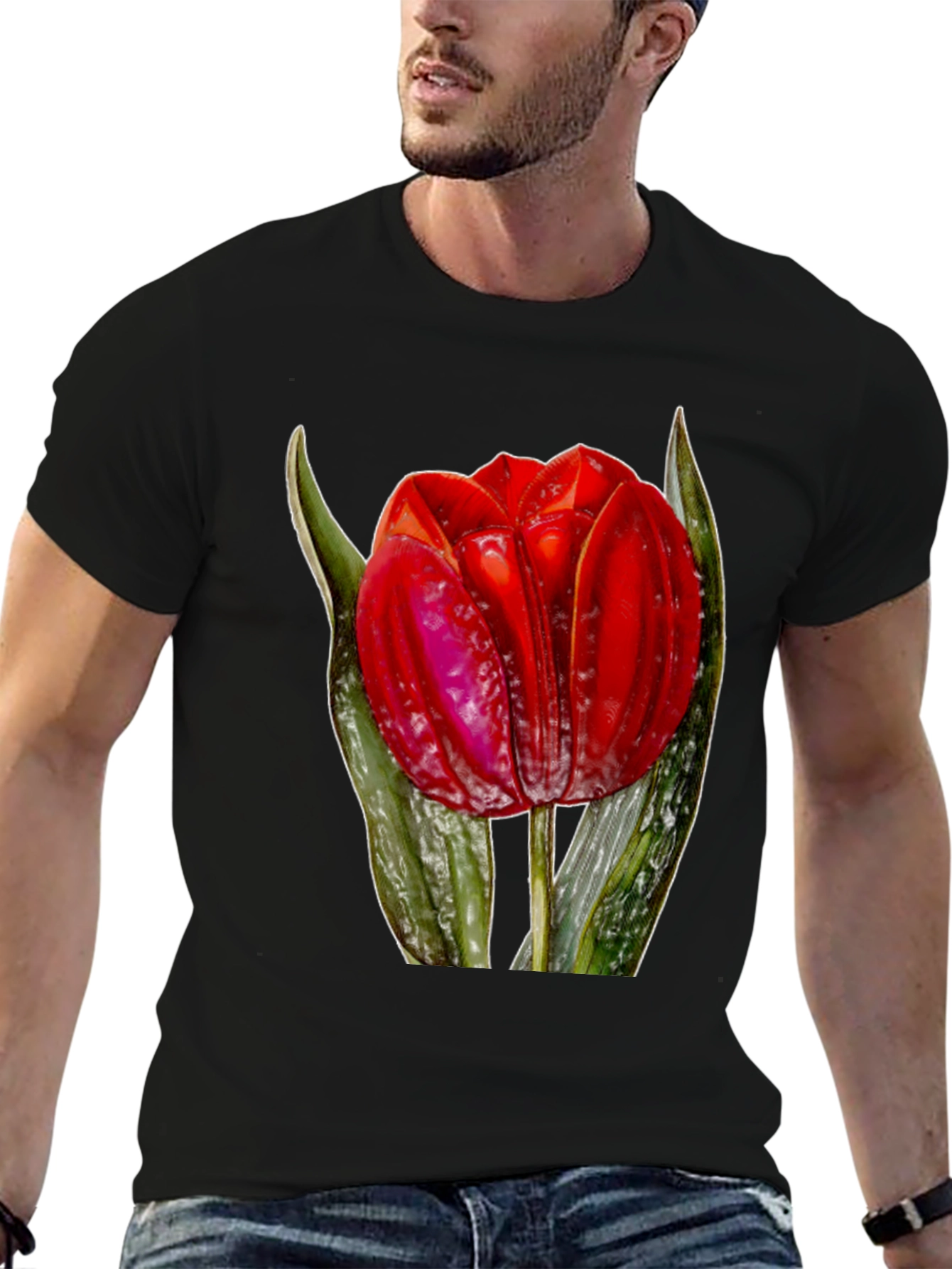 Red Tulip Flower Graphic Print Black T-Shirt