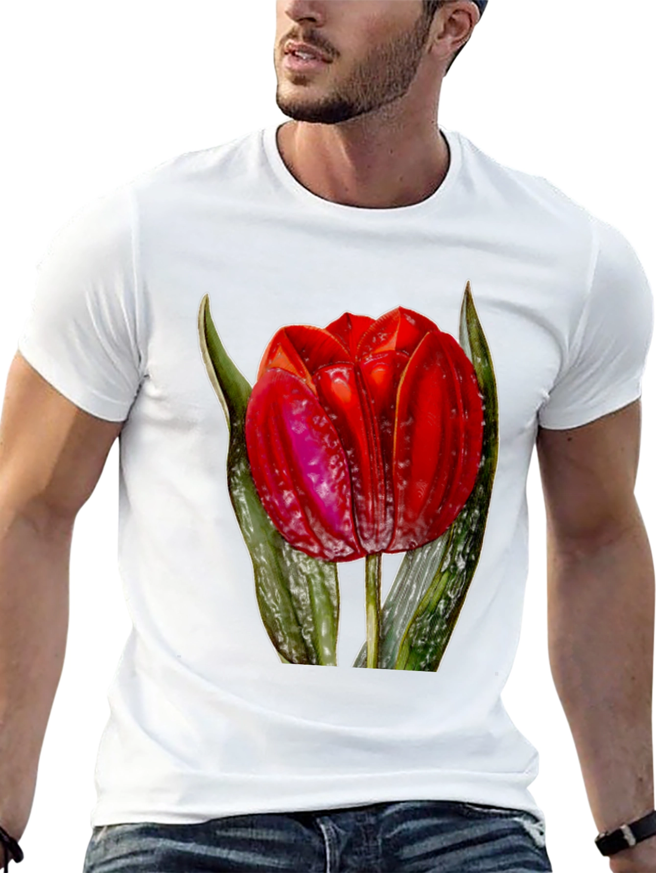 Red Tulip Flower Graphic Print Black T-Shirt