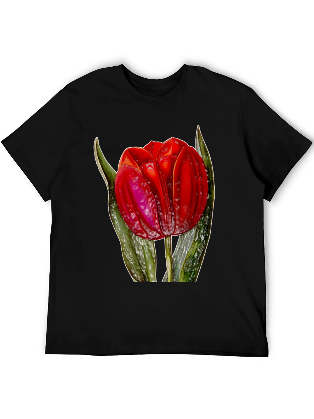 Red Tulip Flower Graphic Print Black T-Shirt
