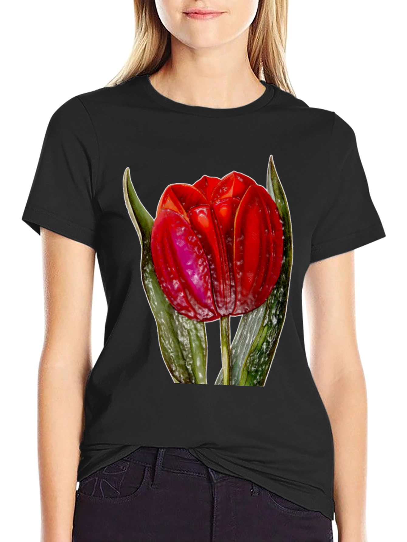 Red Tulip Flower Graphic Print Black T-Shirt