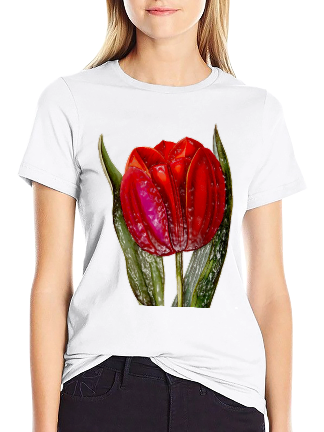Red Tulip Flower Graphic Print Black T-Shirt