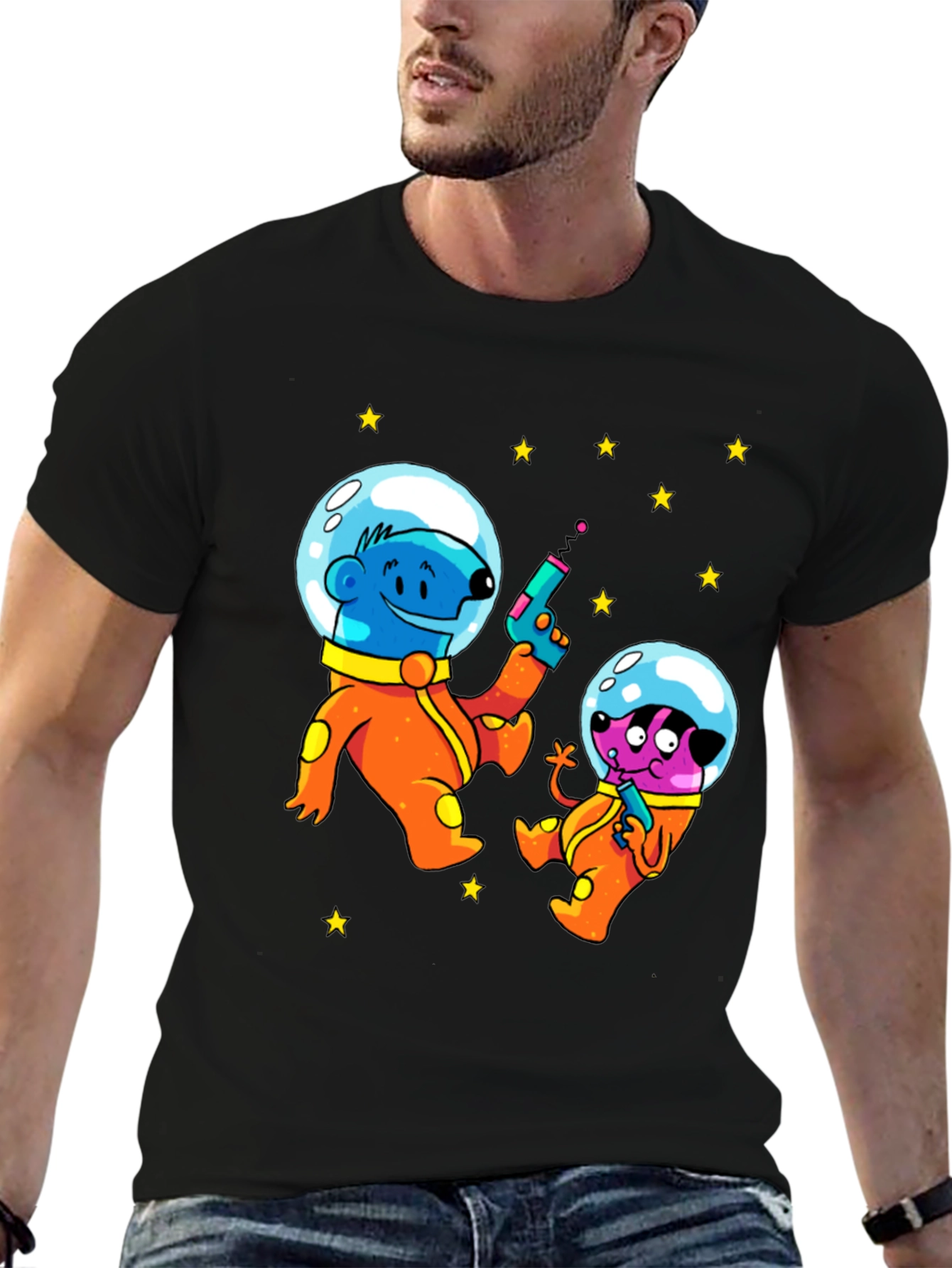 Cartoon Astronauts Black T-Shirt