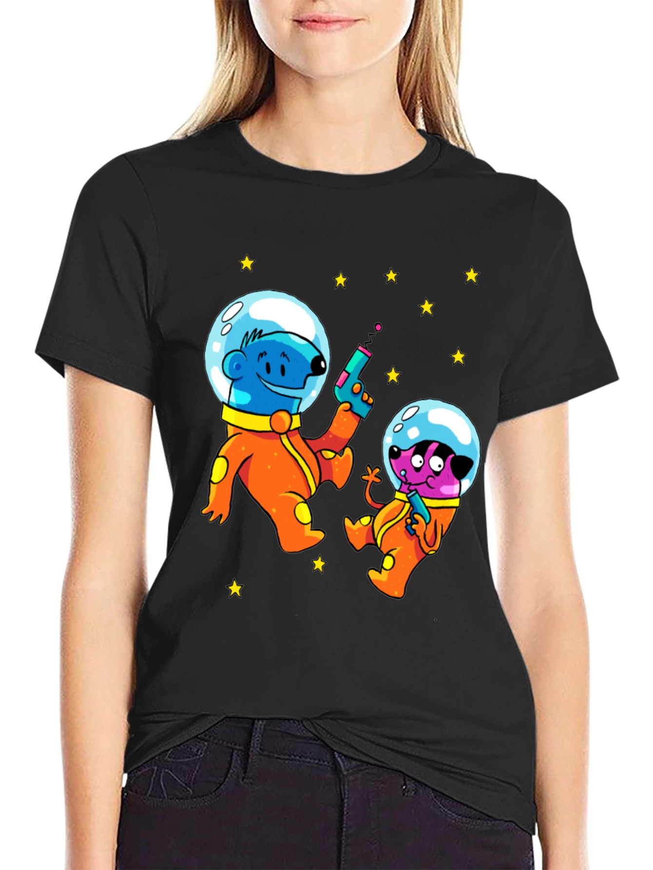 Cartoon Astronauts Black T-Shirt