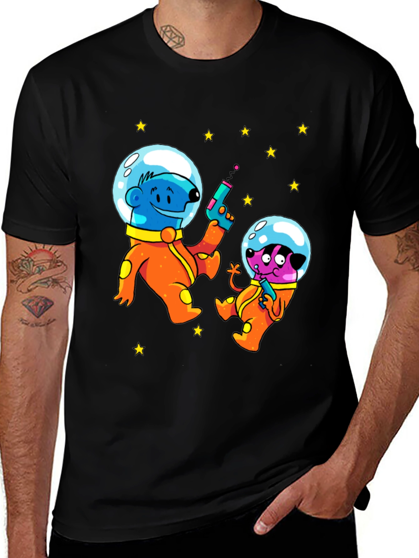 Cartoon Astronauts Black T-Shirt