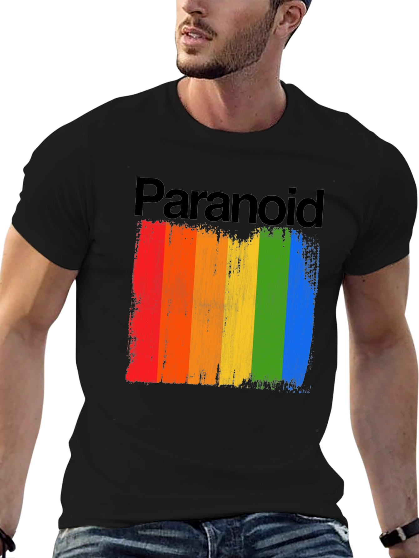 Paranoid Rainbow Stripe Graphic Tee - Black Cotton Blend