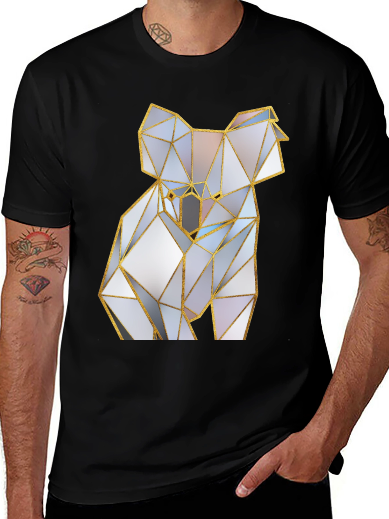 Geometric Koala Bear Graphic Tee - Black