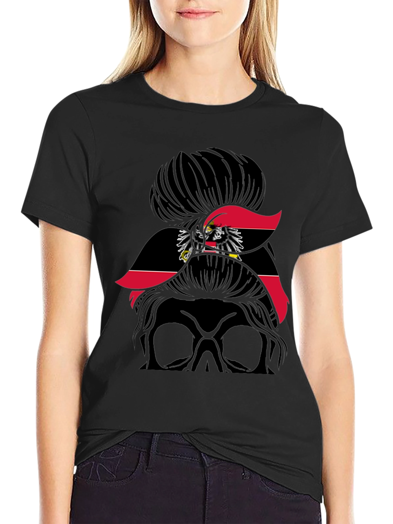 Austria Flag Messy Bun Skull T-Shirt