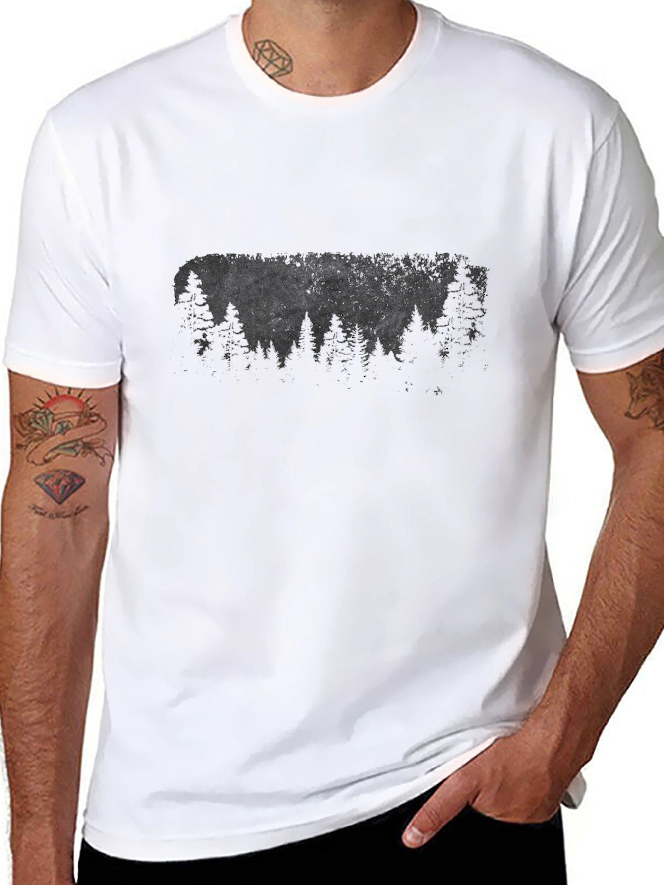 Mens Black T-Shirt with Forest Silhouette Graphic