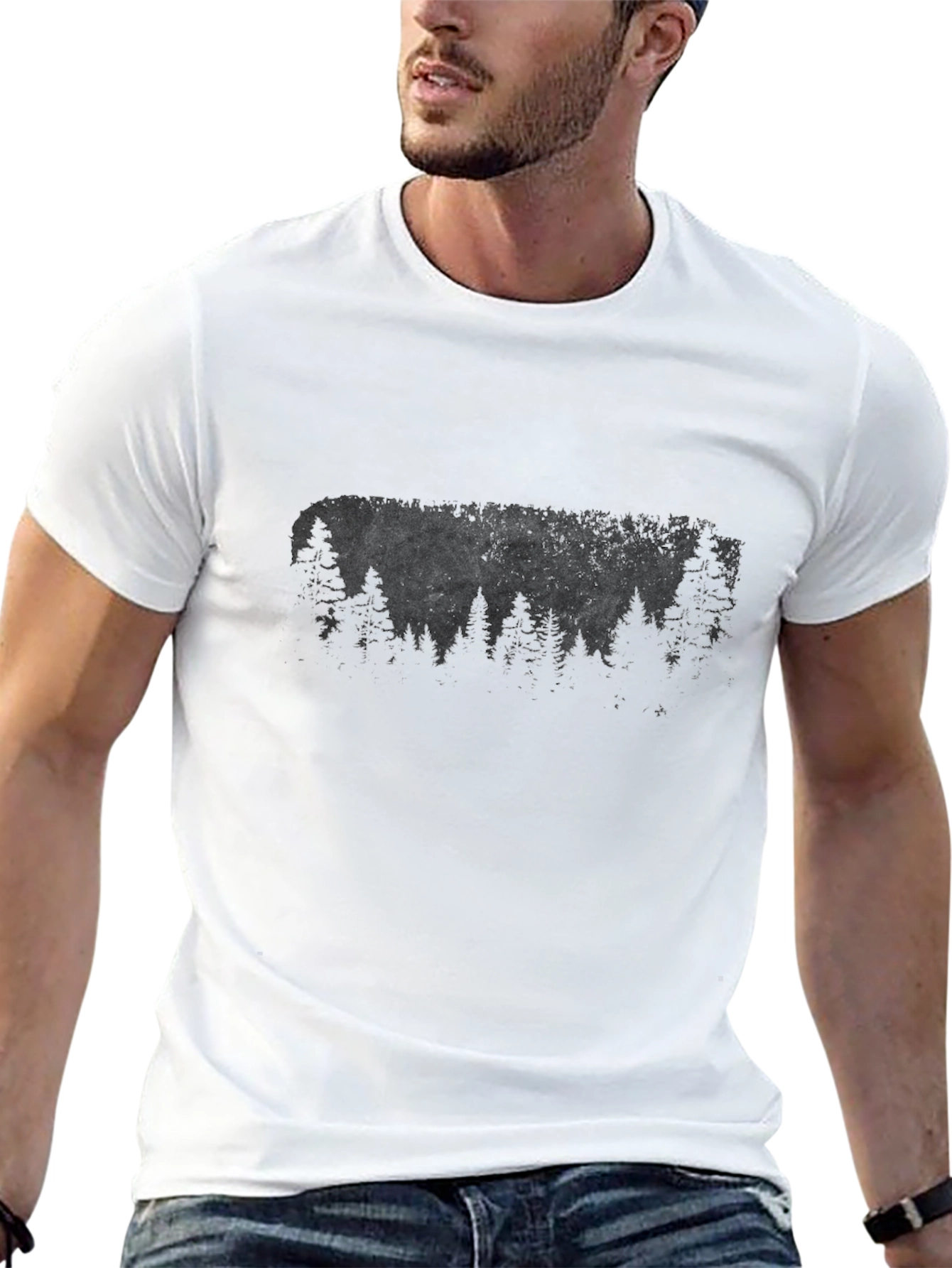 Mens Black T-Shirt with Forest Silhouette Graphic