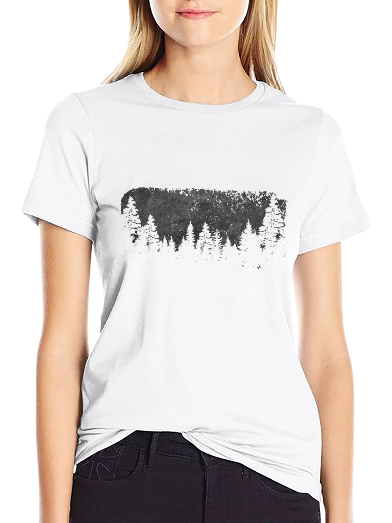 Mens Black T-Shirt with Forest Silhouette Graphic