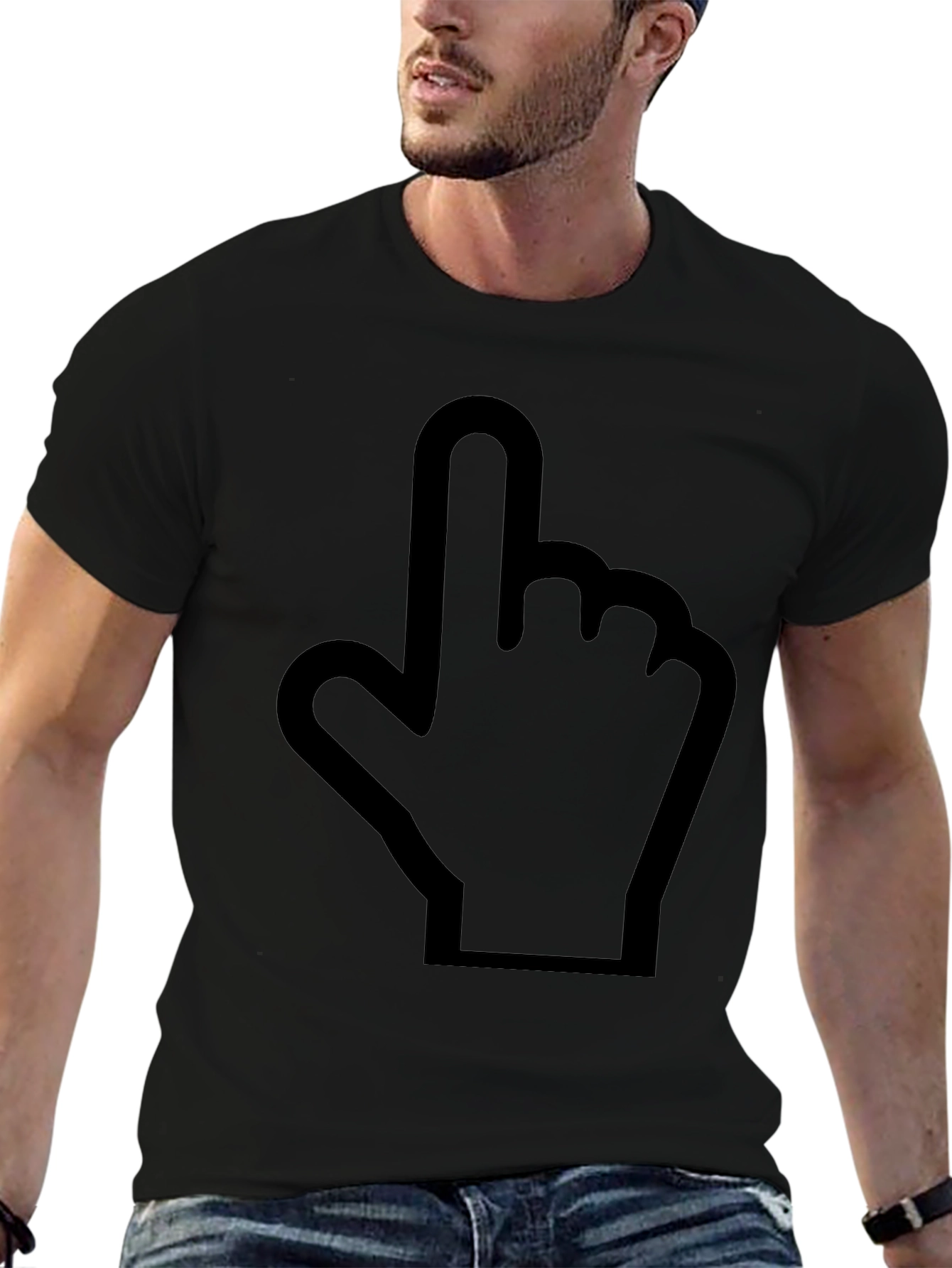 Pointing Finger Graphic Tee - Black Cotton Casual Shirt