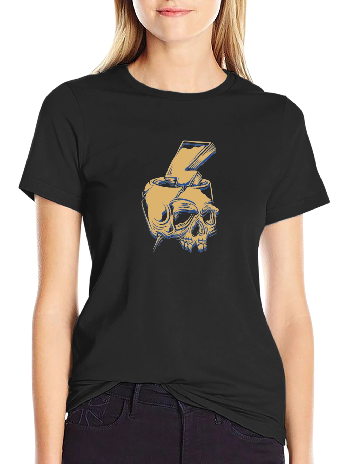 Skull Lightning Bolt Graphic Tee - Black