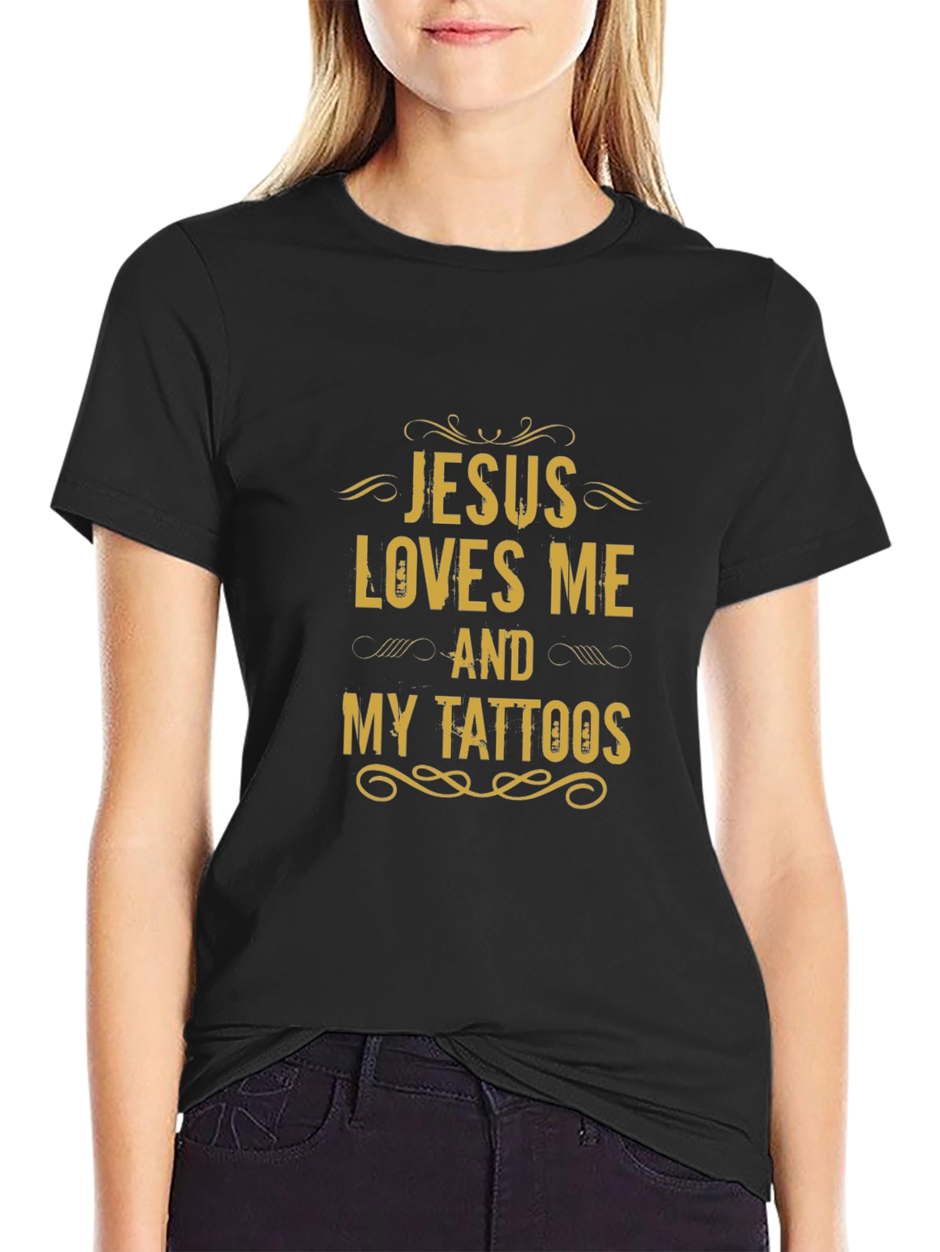 Jesus Loves Me and My Tattoos Black Graphic Tee