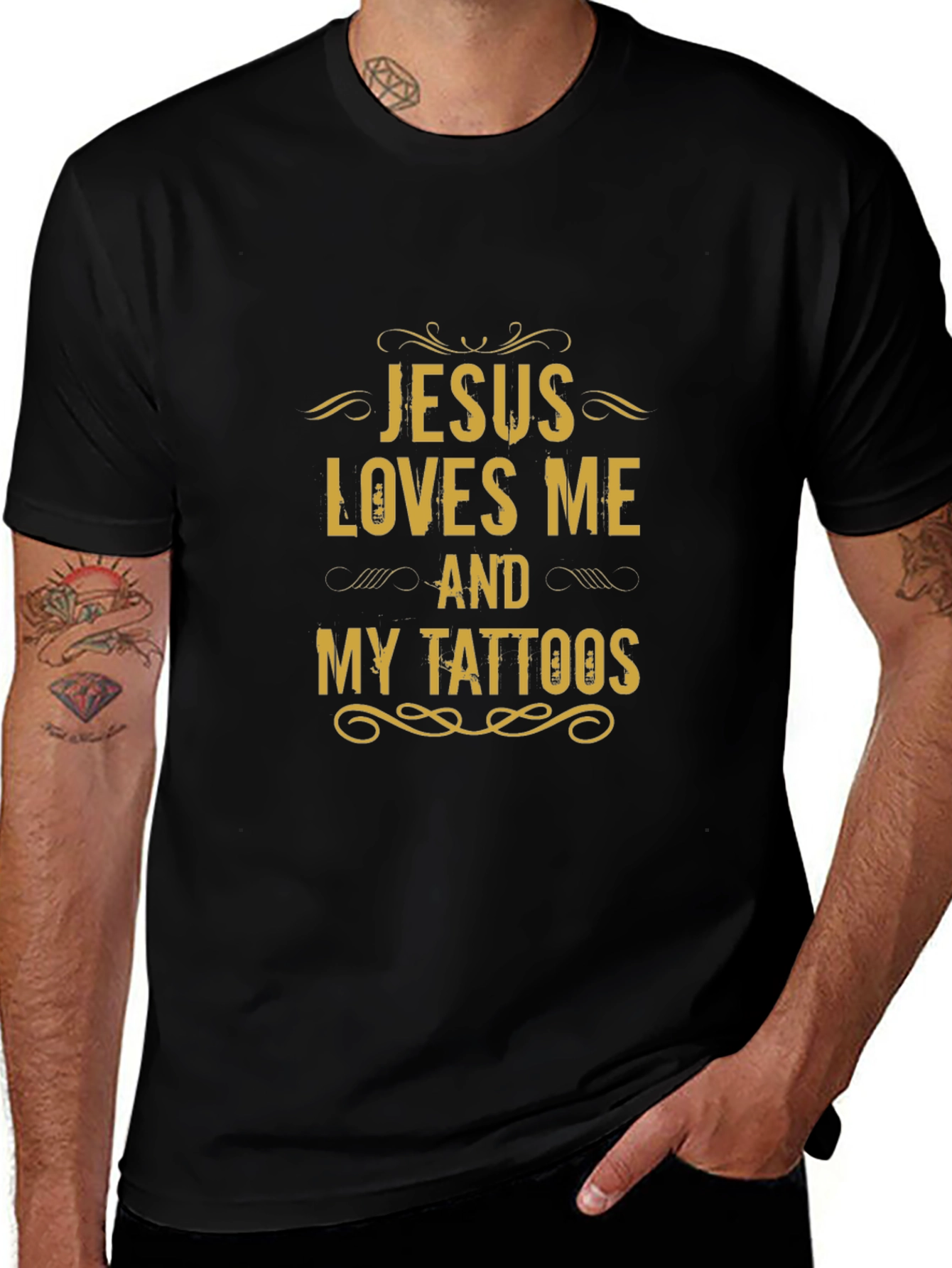 Jesus Loves Me and My Tattoos Black Graphic Tee