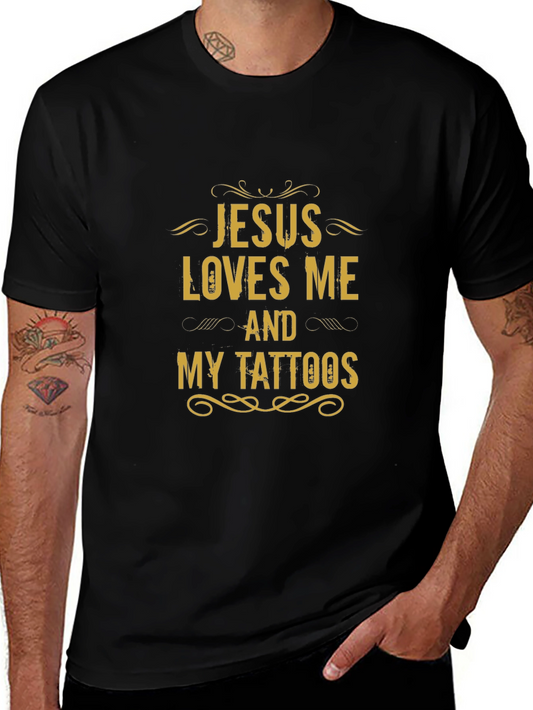 Jesus Loves Me and My Tattoos Black Graphic Tee