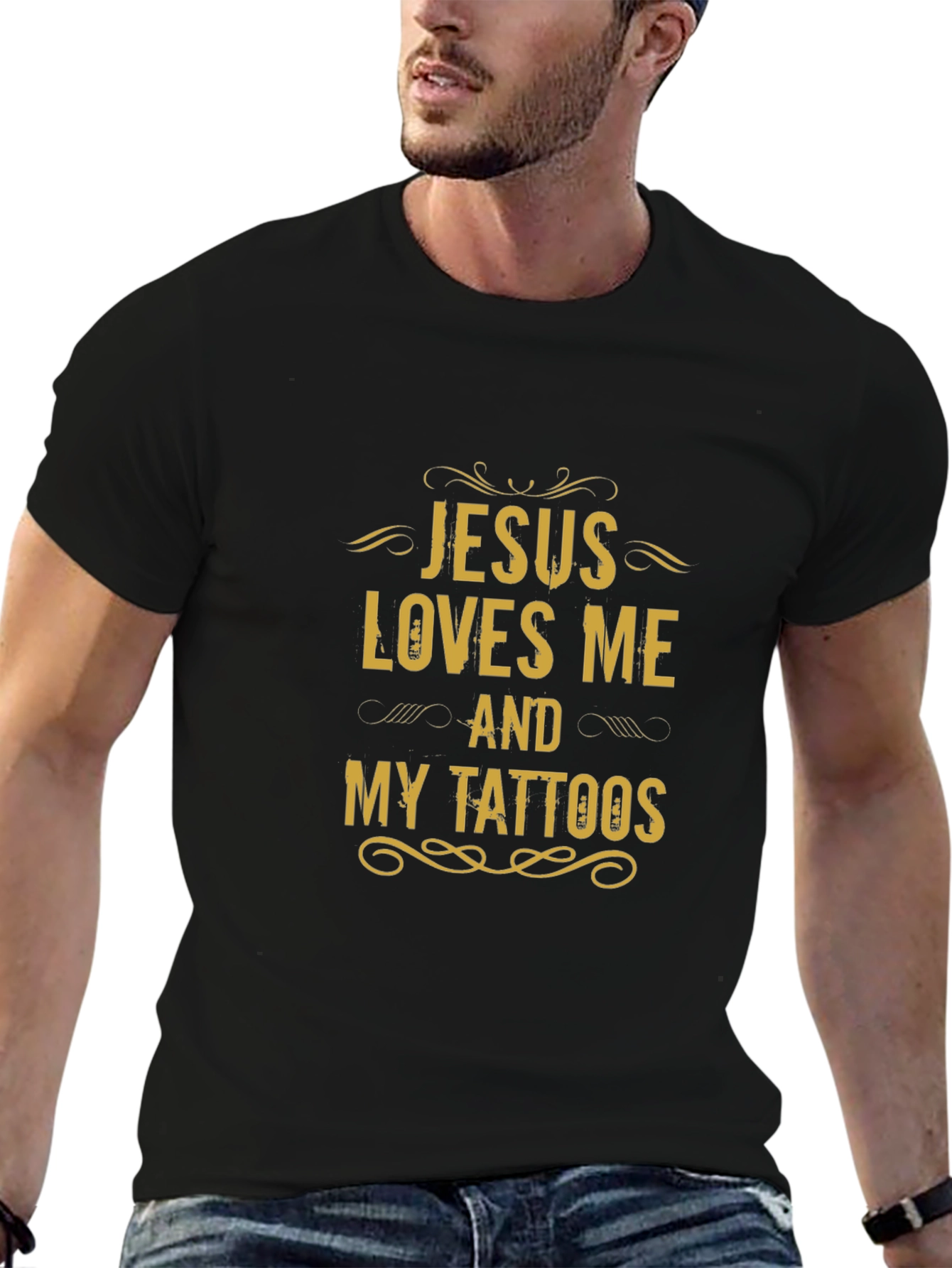 Jesus Loves Me and My Tattoos Black Graphic Tee