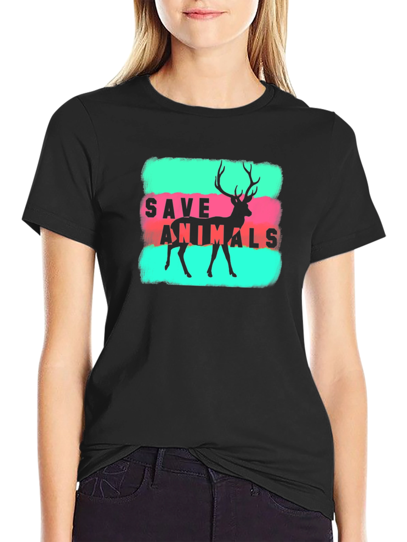 Save Animals Deer Graphic Tee - Black Cotton T-Shirt