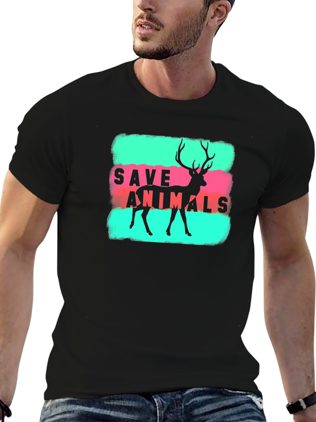 Save Animals Deer Graphic Tee - Black Cotton T-Shirt