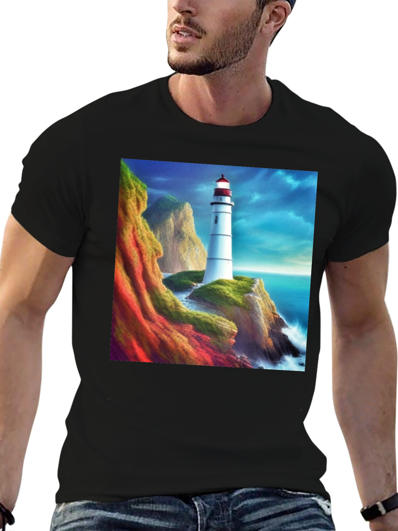 Lighthouse Scene Graphic Tee - Coastal Design T-Shirt